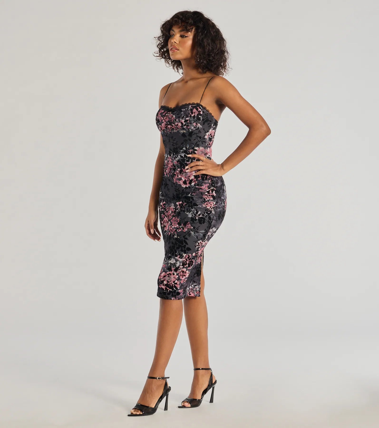 Flawless Look Flocked Floral Mesh Bodycon Midi Dress