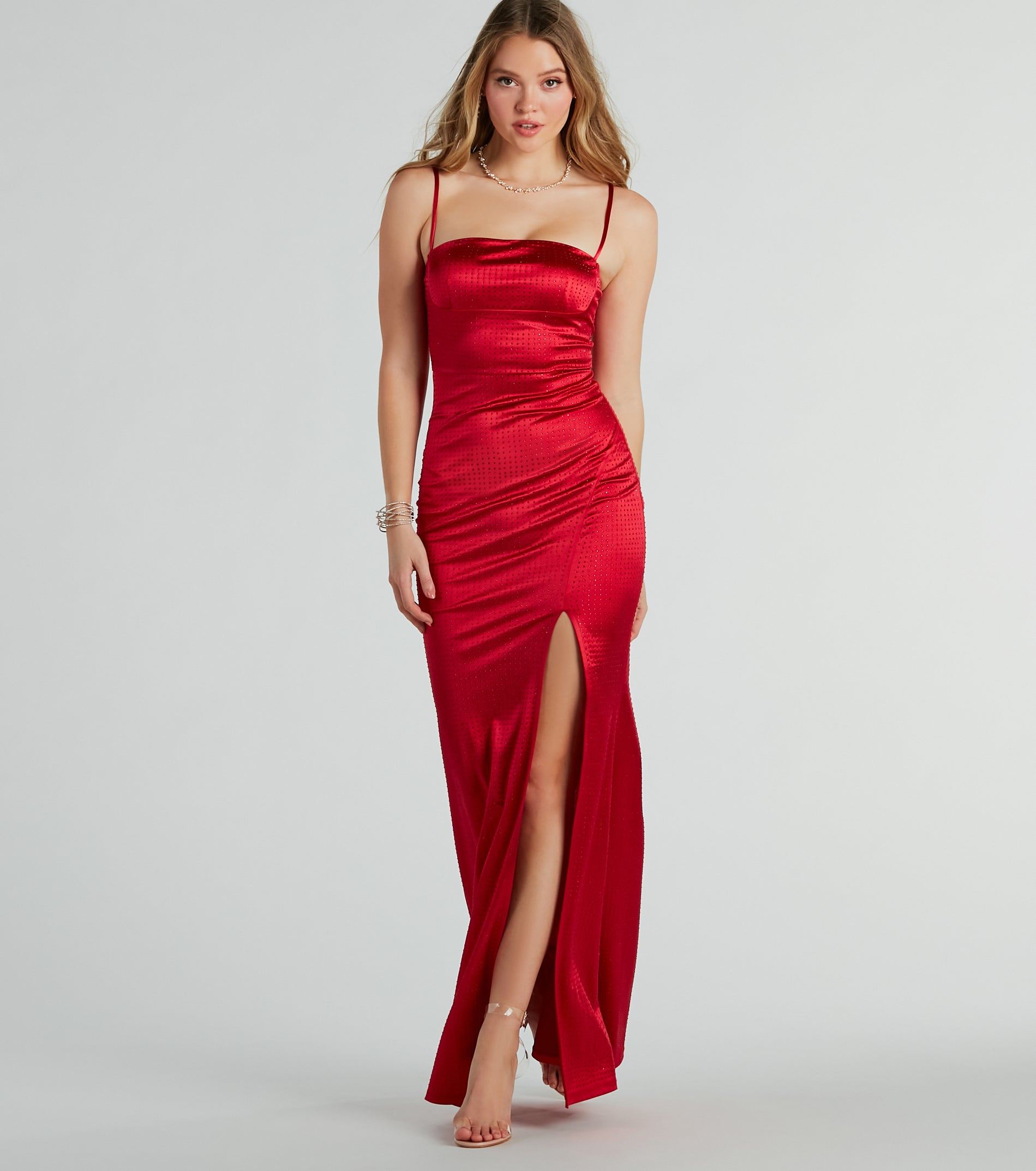 CLEARANCE - Hallie Rhinestone Satin High Slit Mermaid Dress