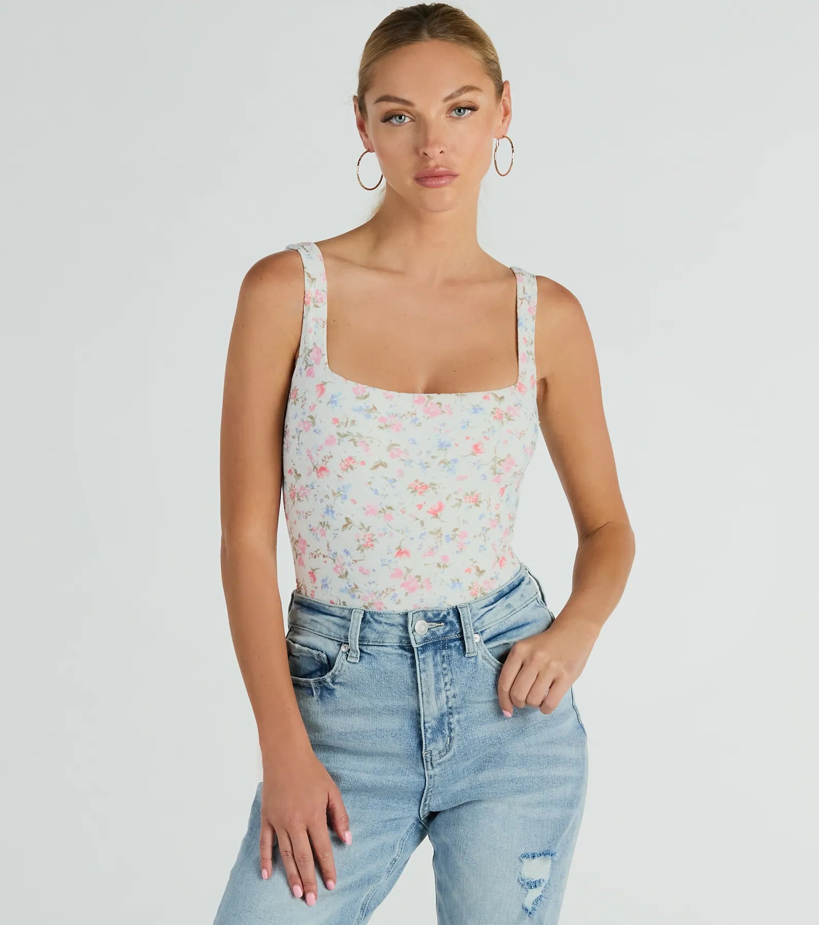 Stylish Imagination Square Neck Eyelet Floral Bodysuit