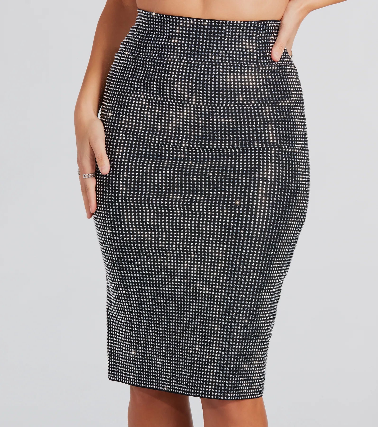 Striking Glamour Rhinestone Bodycon Midi Skirt