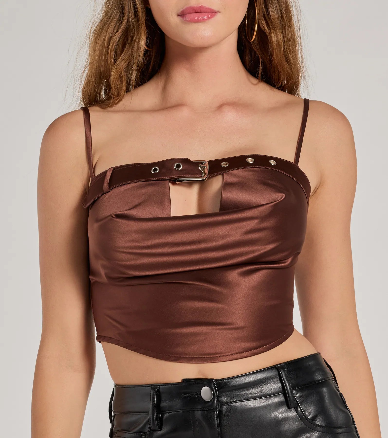 Trend Factor Buckle Trim Satin Crop Top