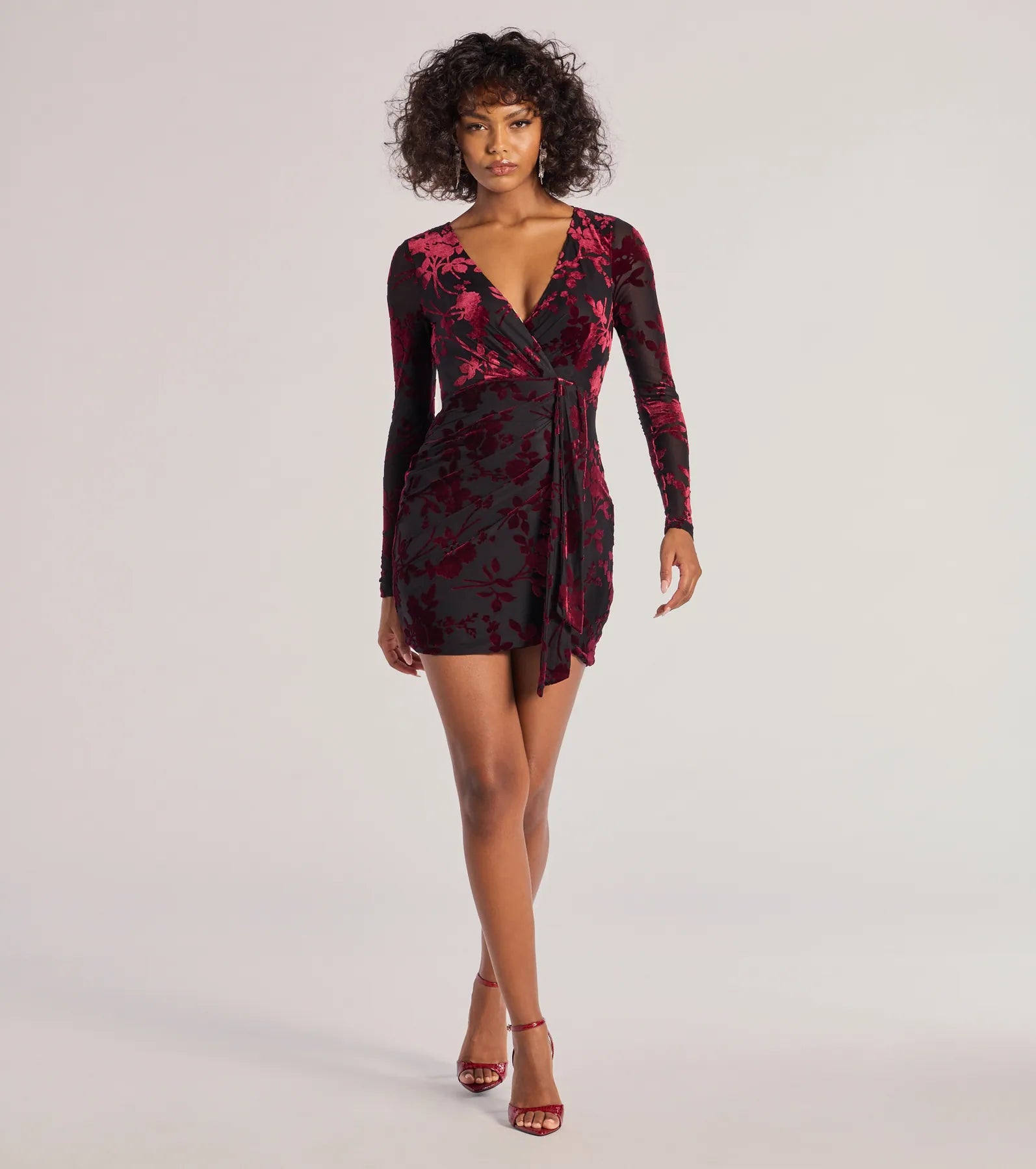 Vision In Velvet Pattern V-Neck Tie Mini Dress