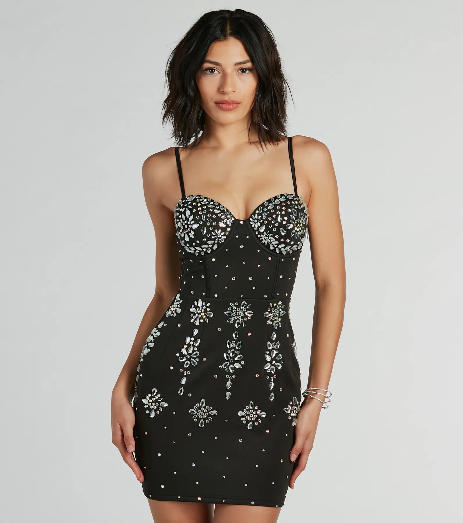 Alexa Formal Rhinestone Crepe Corset Mini Dress