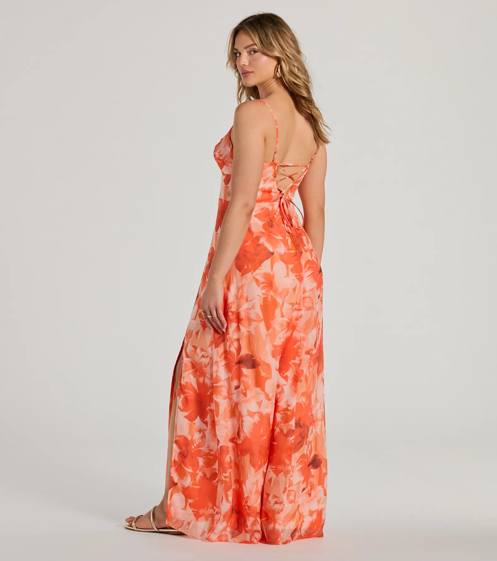 Beauty So Unique Lace-Up Floral Chiffon Maxi Dress