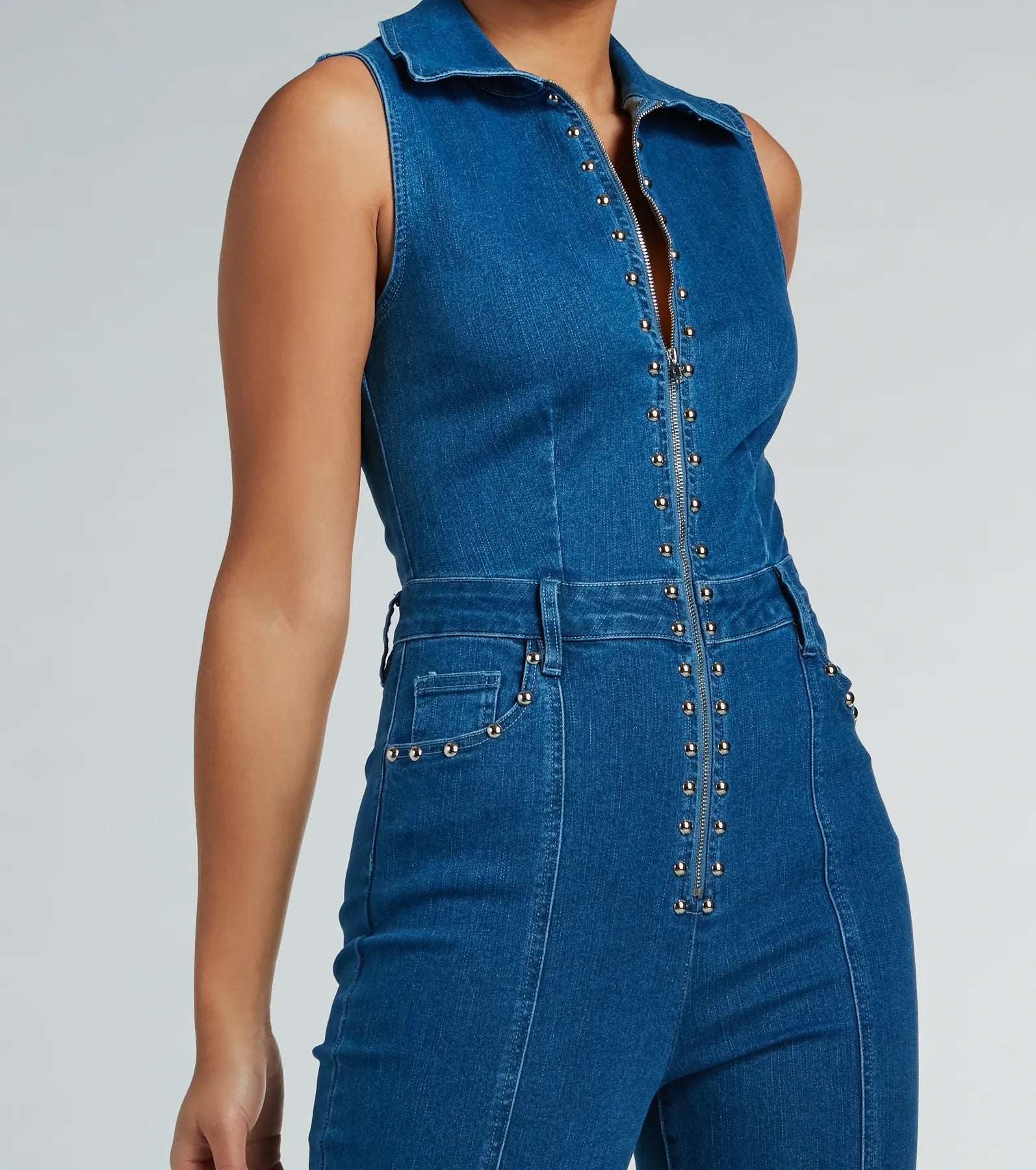 Retro Attitude Studded Flared-Leg Denim Jumpsuit