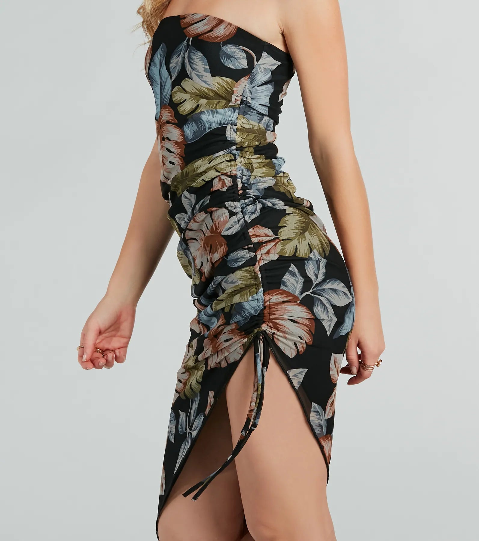 Jet Set For Sun Strapless Tropical Midi Dress