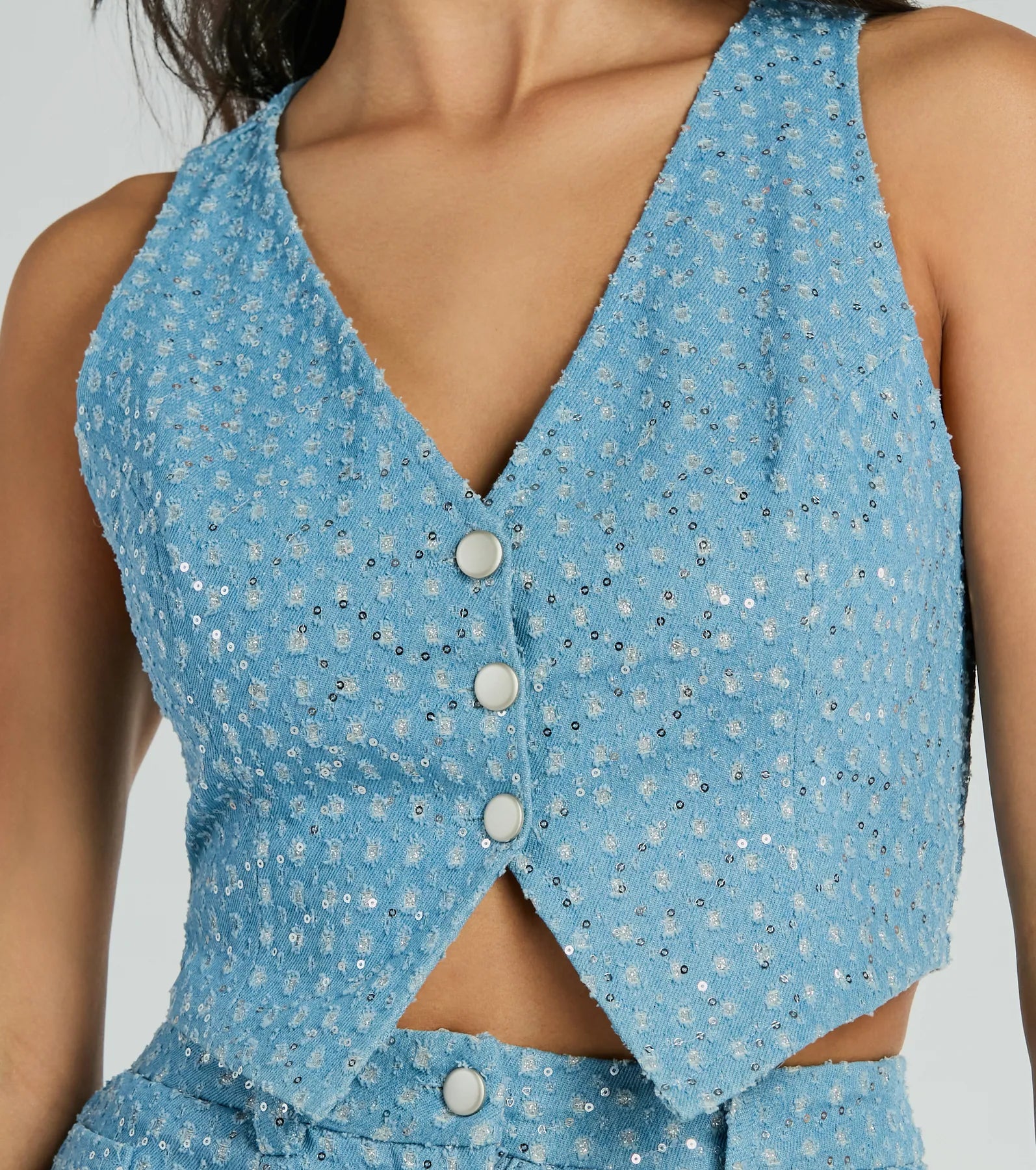 Feeling Flirty Sequin Glitter Denim Vest