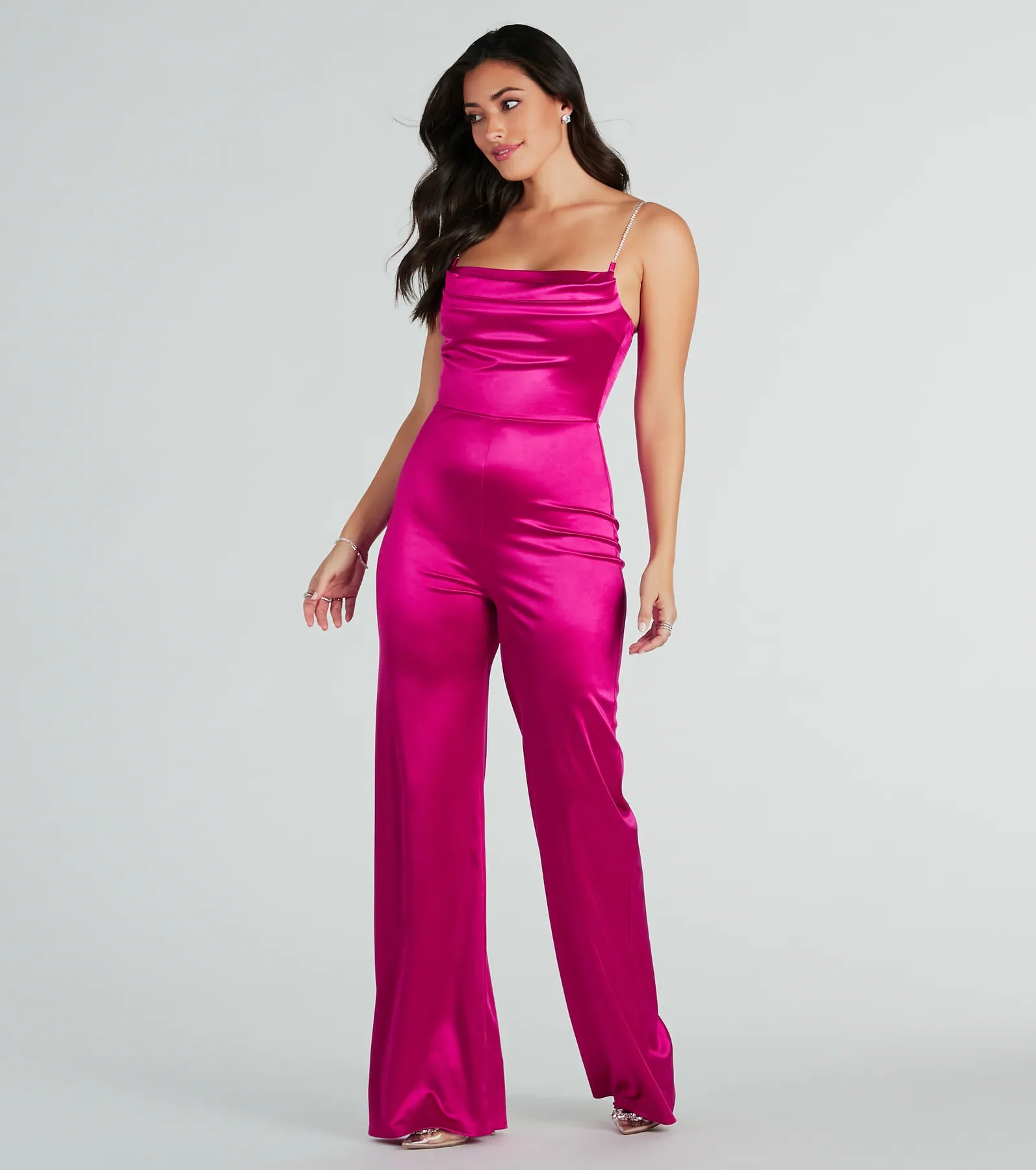 Make It Count Satin Rhinestone Strap Jumpsuit