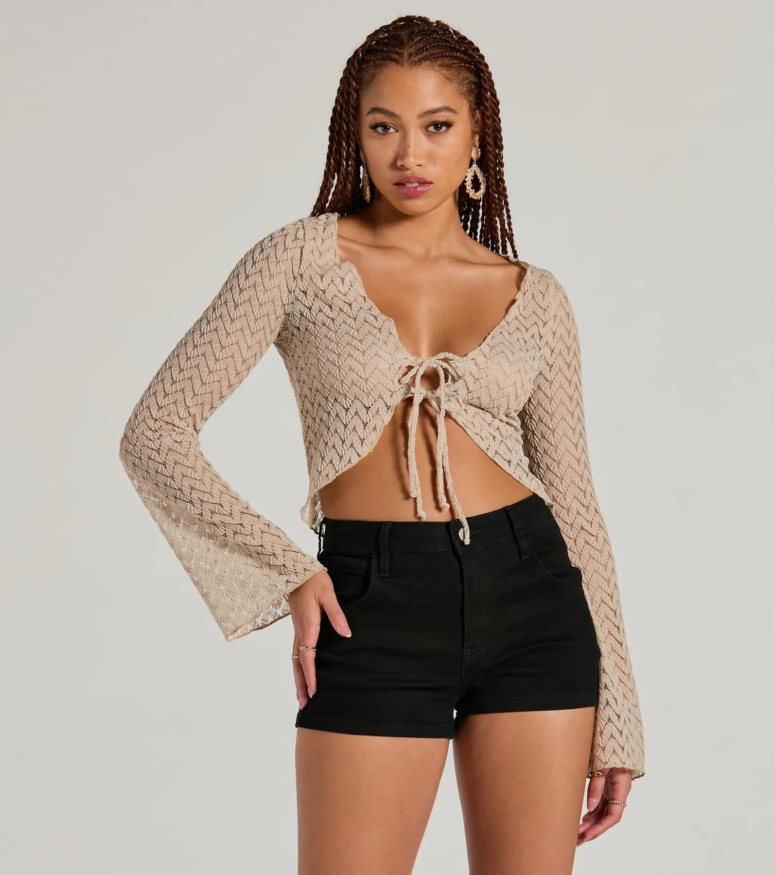 Cabana Honey Tie Front Crochet Crop Sweater