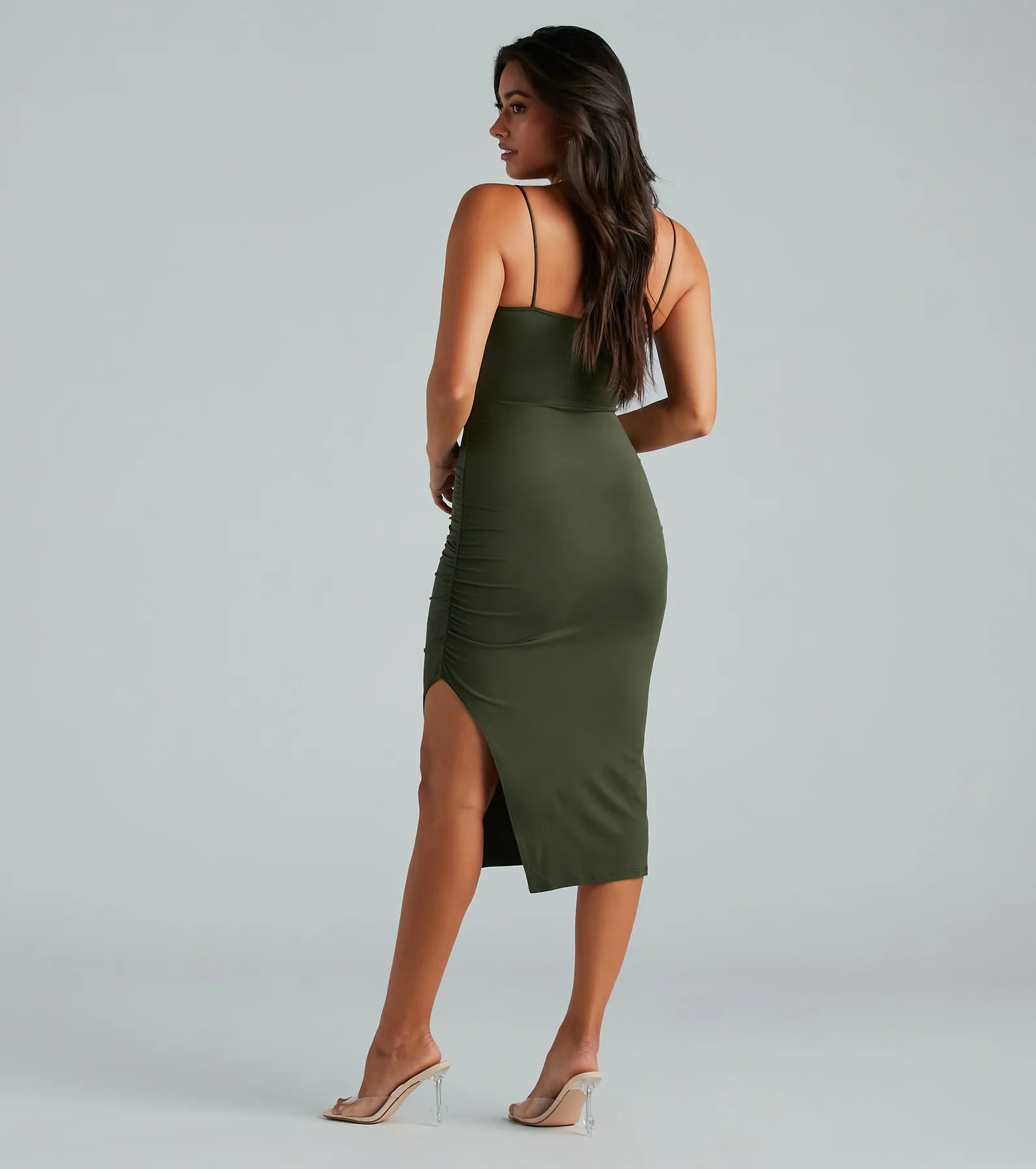 Make It Cute Sleeveless Ruched Slit Midi Dress