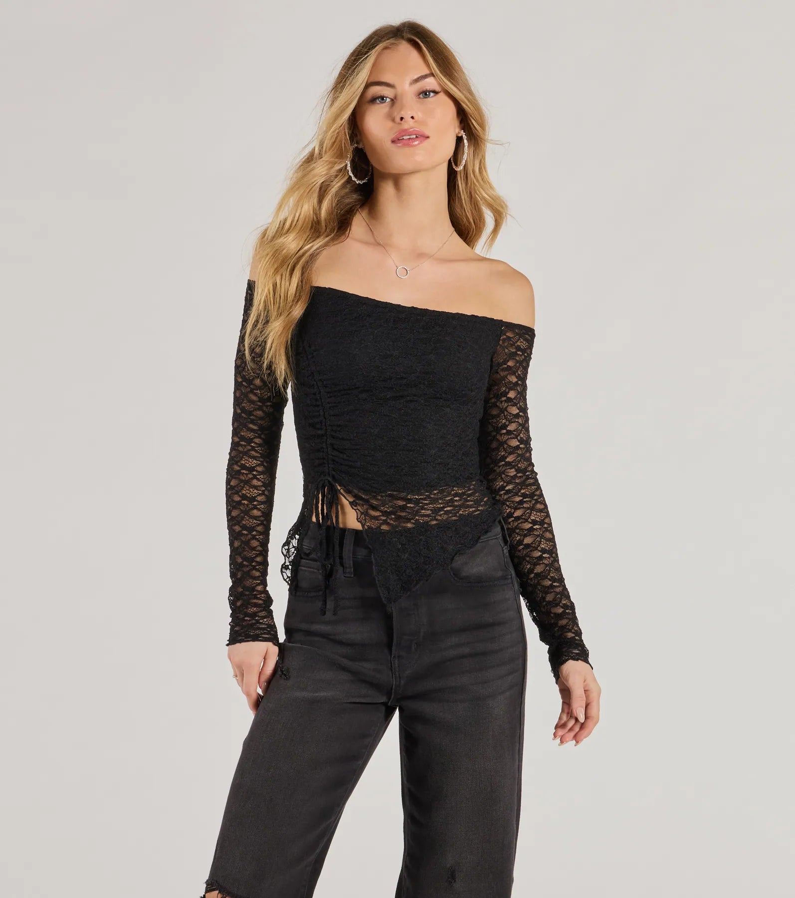 Trendy Babe Off-The-Shoulder Ruched Lace Top