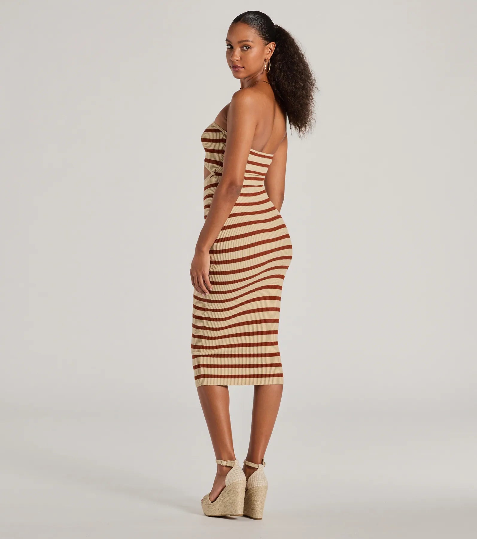 Babe In Stripes Strapless Cutout Ribbed Knit Midi Dress