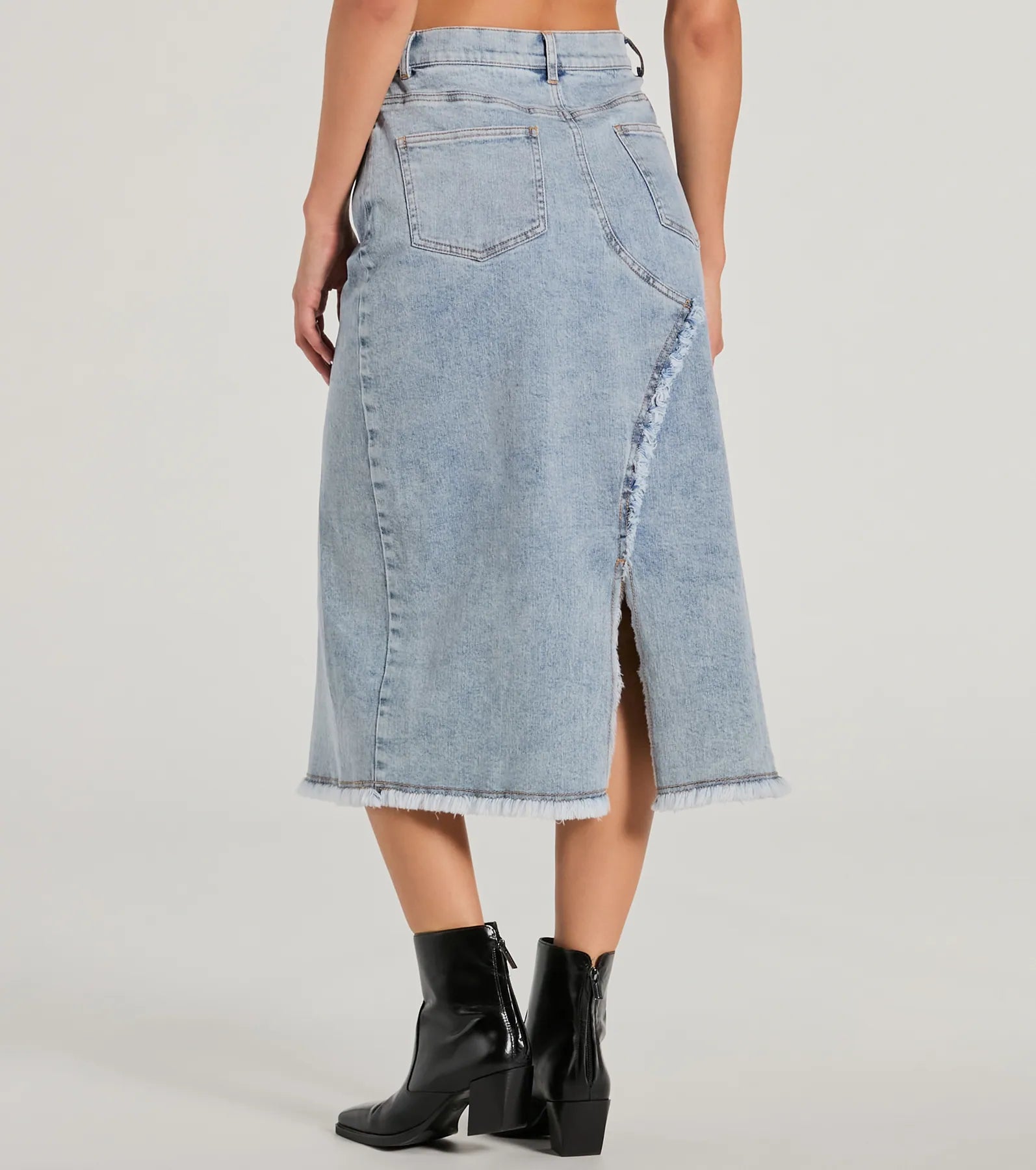 Cool Composure High-Rise Frayed Slit Denim Midi Skirt