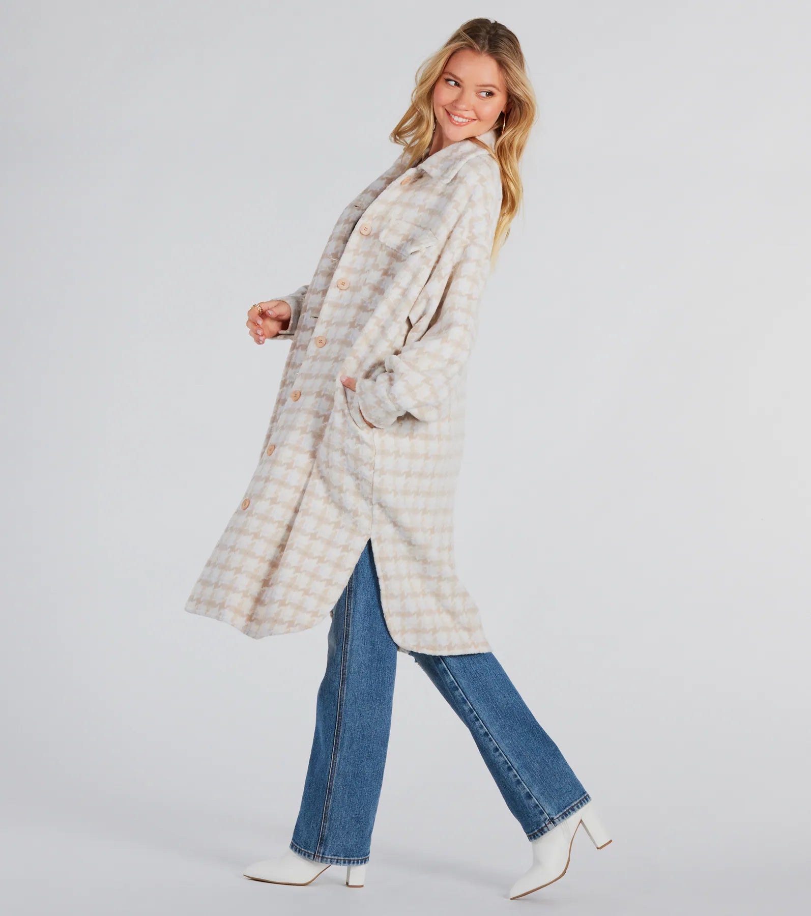 Setting Trends Faux Wool Houndstooth Long Shacket