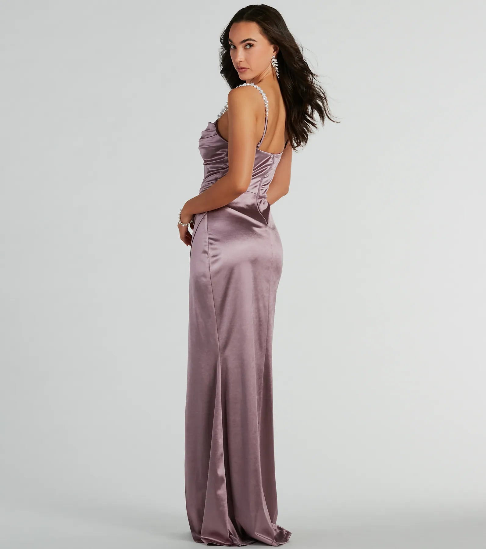 Sam Faux Pearl Strap Mermaid Satin Formal Dress