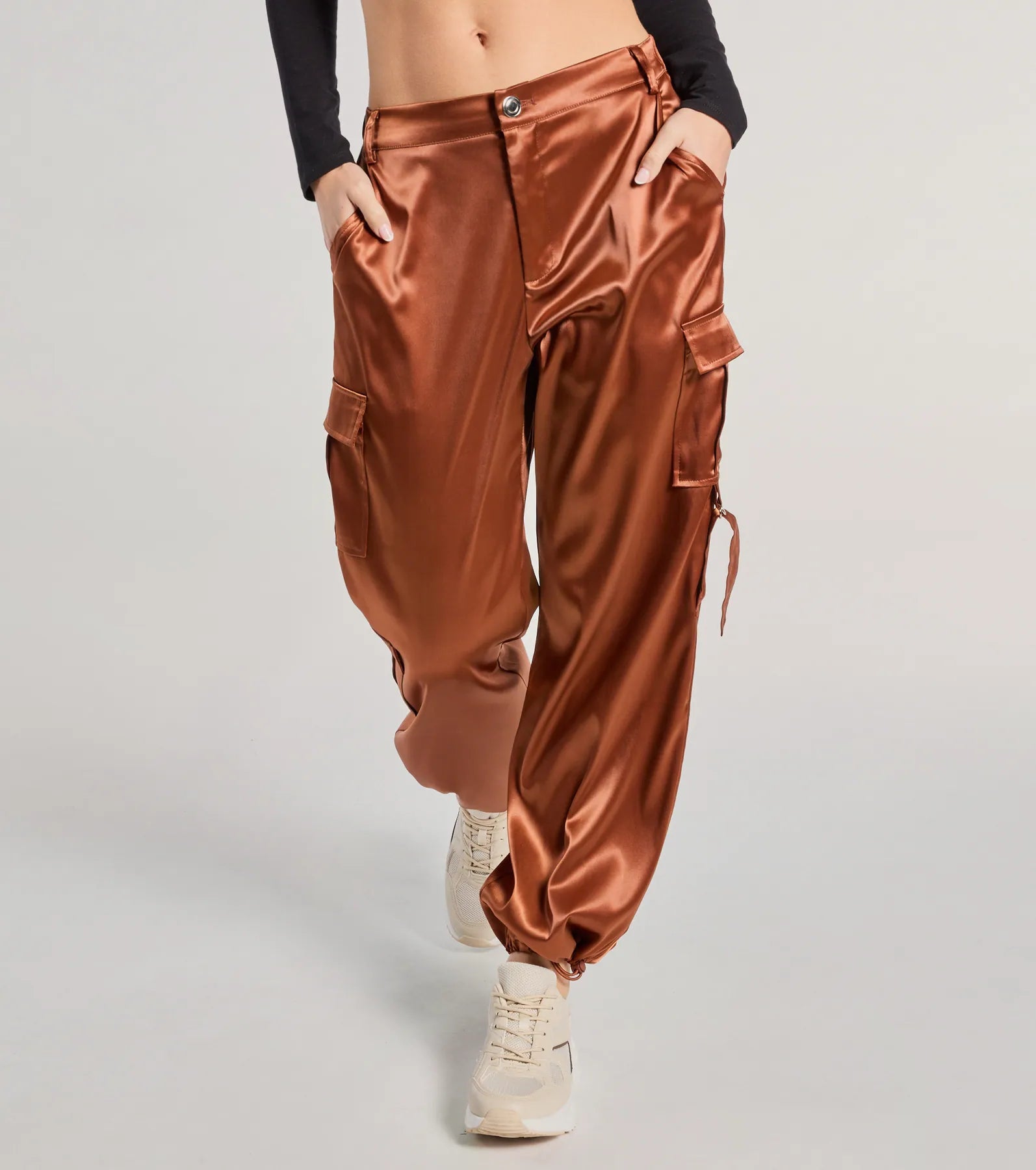 Sleek Sensation Satin High-Rise Cargo Joggers