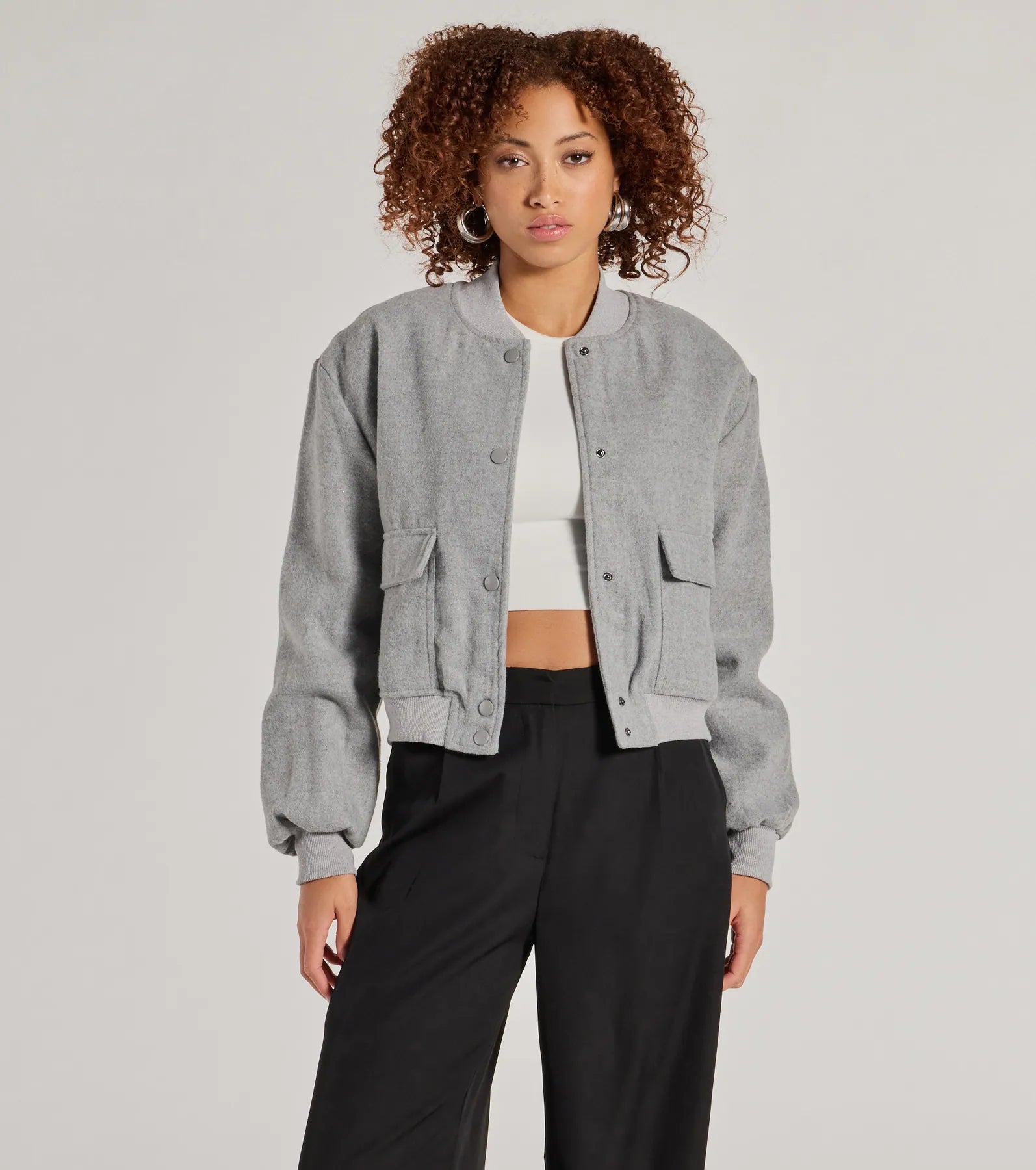 Cool Girl Energy Faux Wool Bomber Jacket