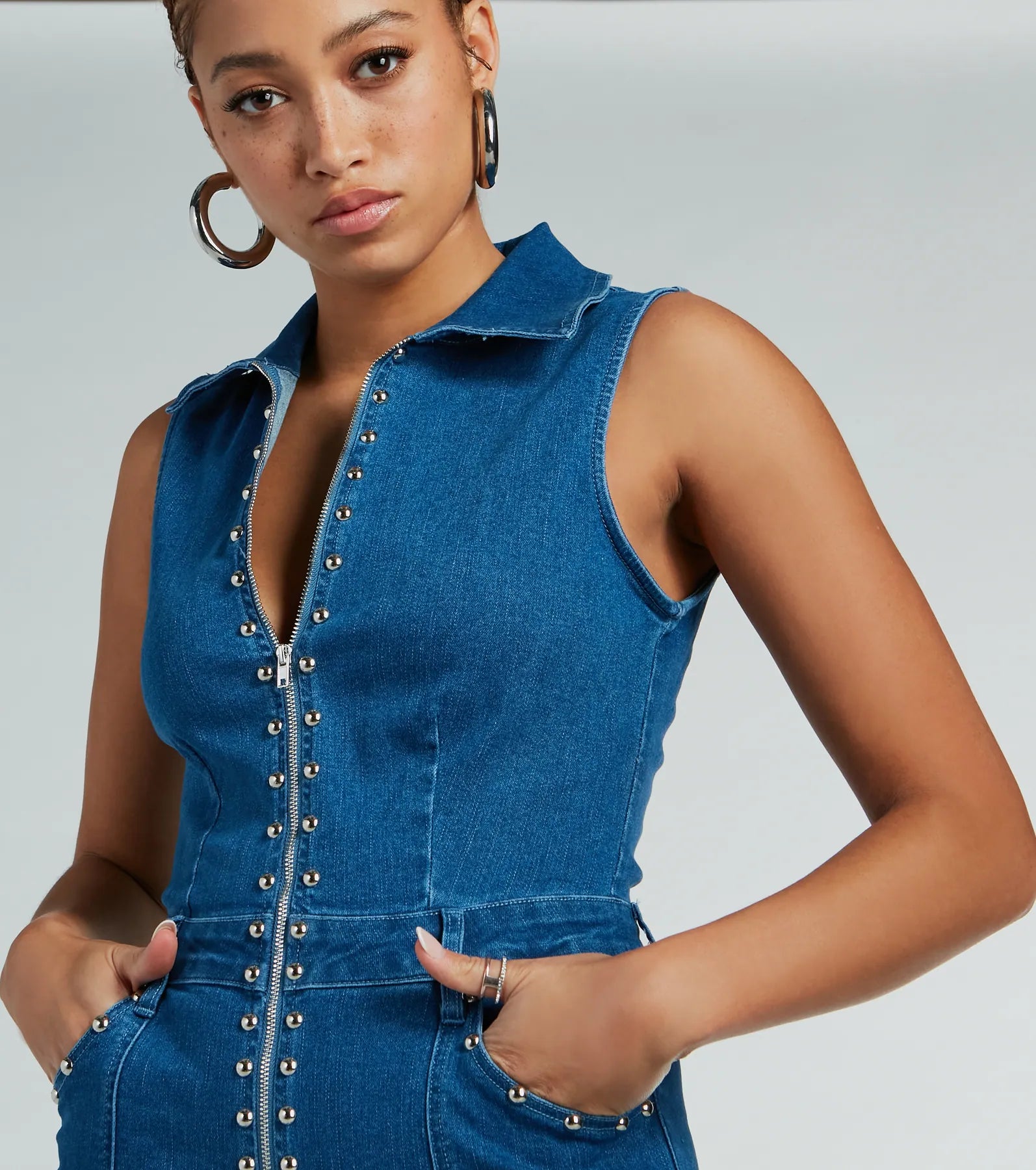 Retro Attitude Studded Flared-Leg Denim Jumpsuit