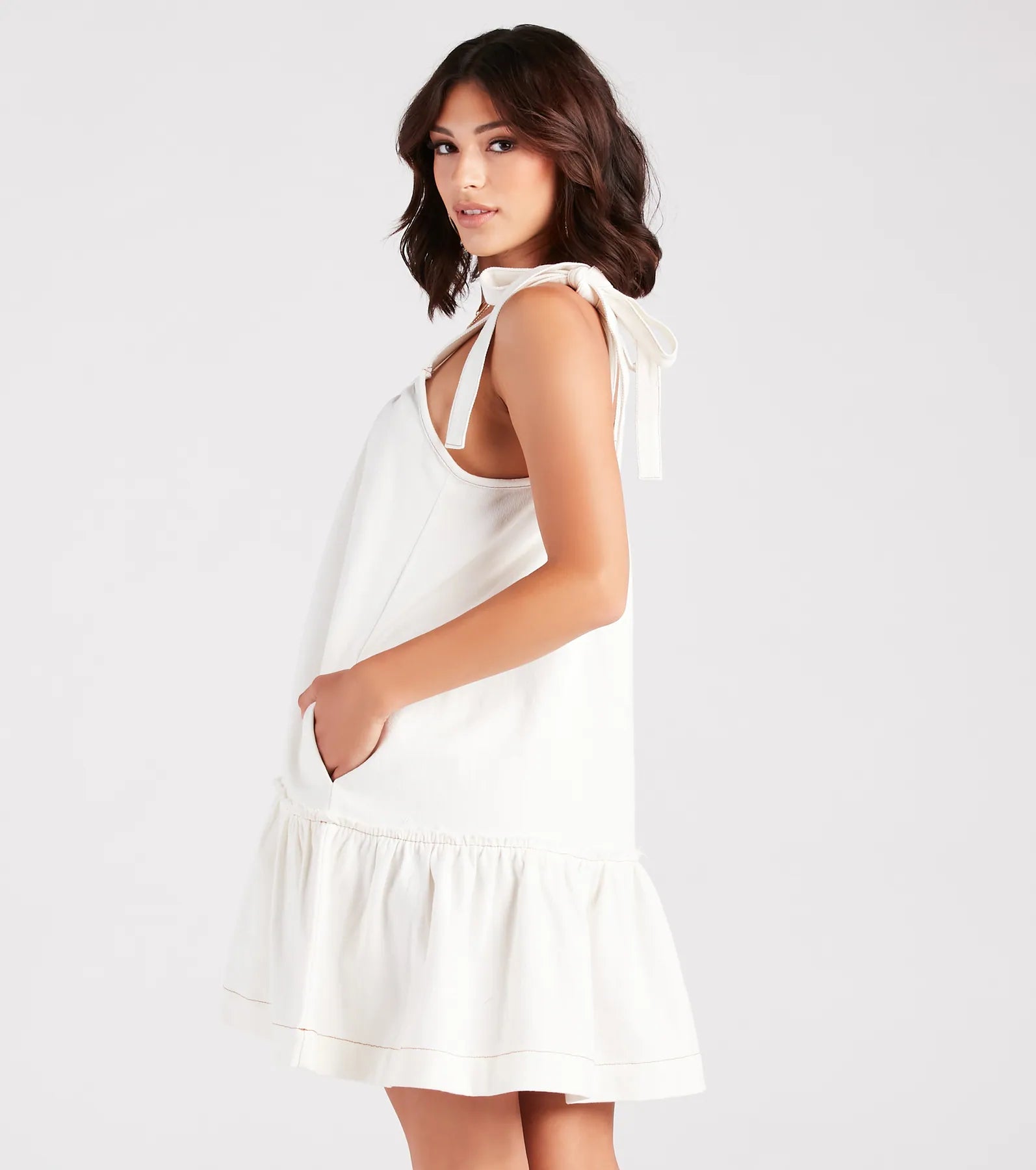 Coastal Vacay Tie-Shoulder Ruffled Short Dress