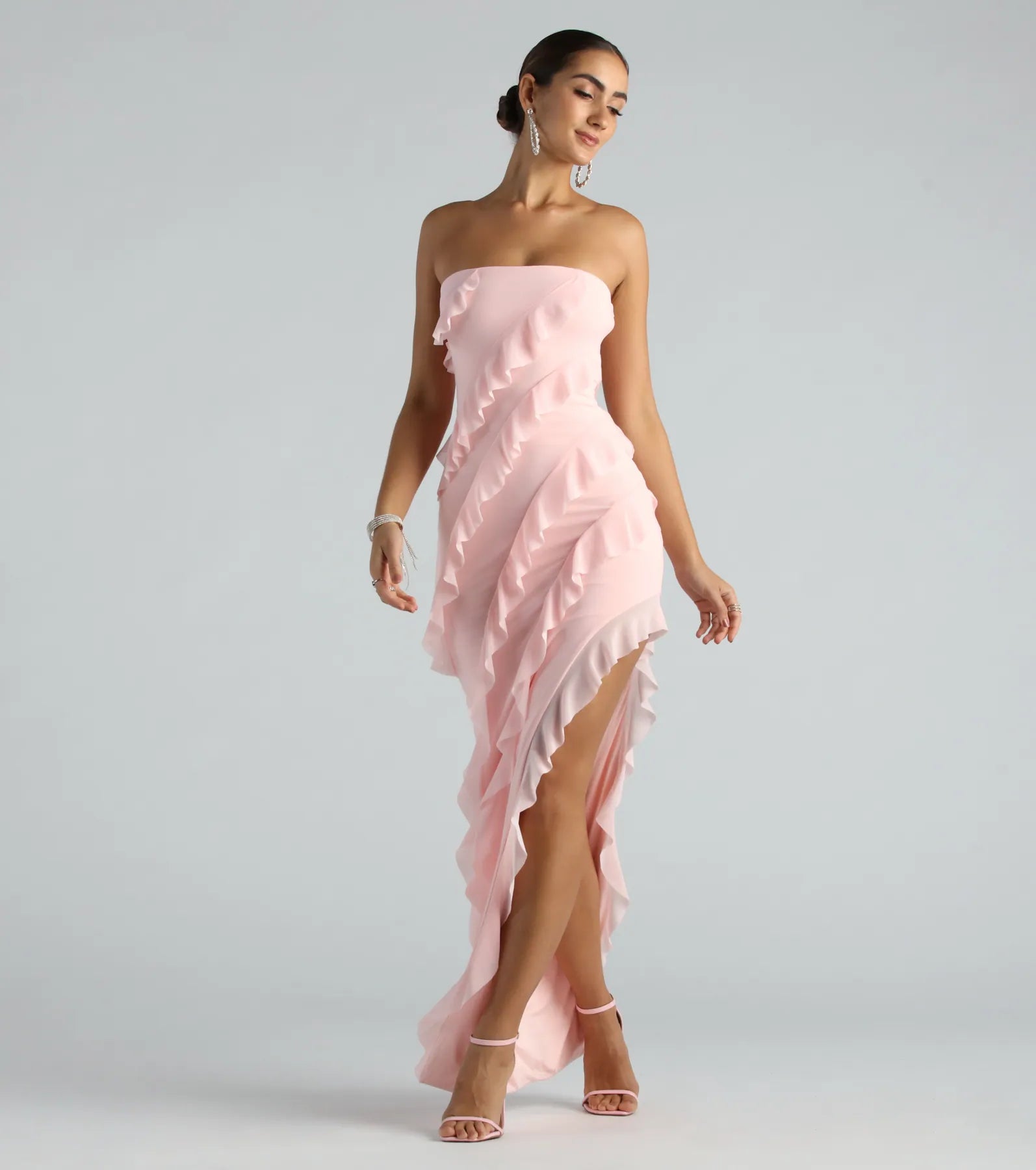 Gabby Formal Mesh Strapless Ruffle Long Dress