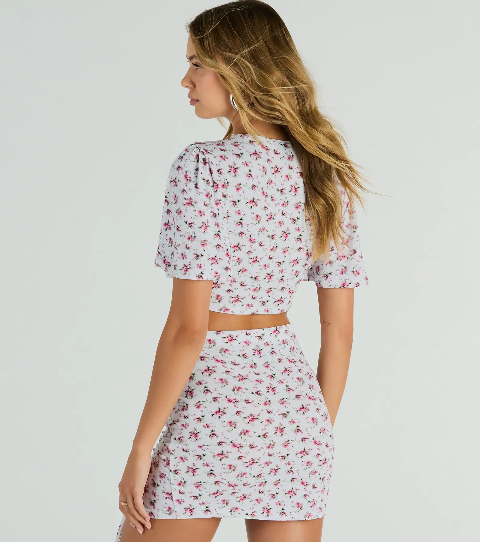 Sweet Flirt Flutter-Sleeve Ditsy Floral Tie-Front Top