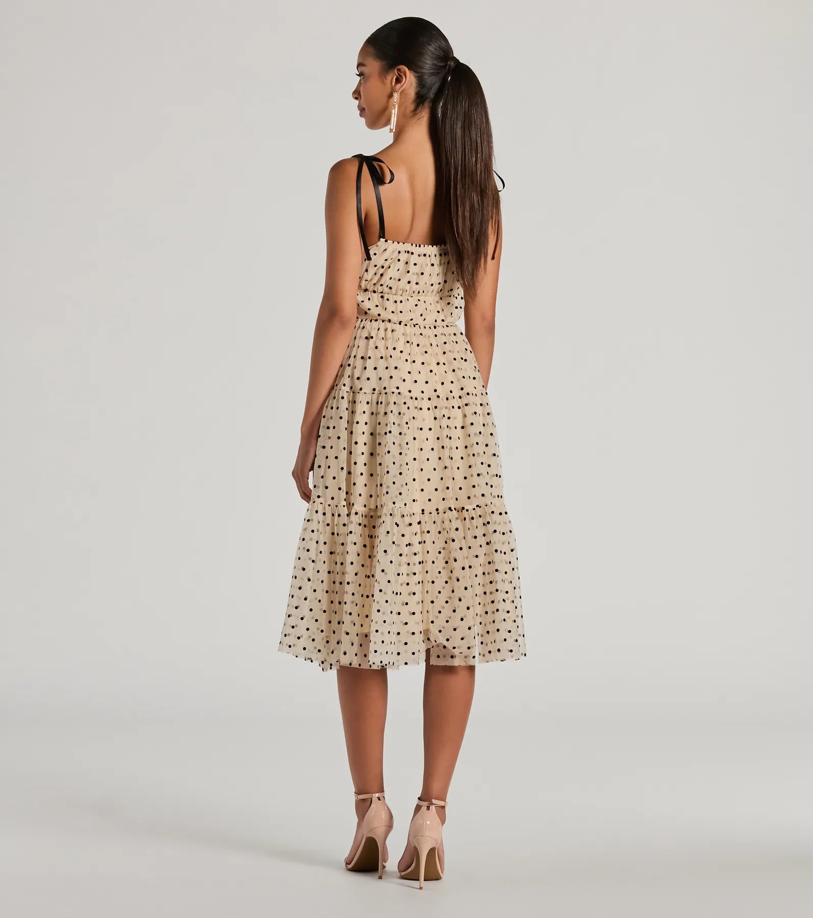 Timeless Look Bow Strap Polka Dot Tulle Midi Dress