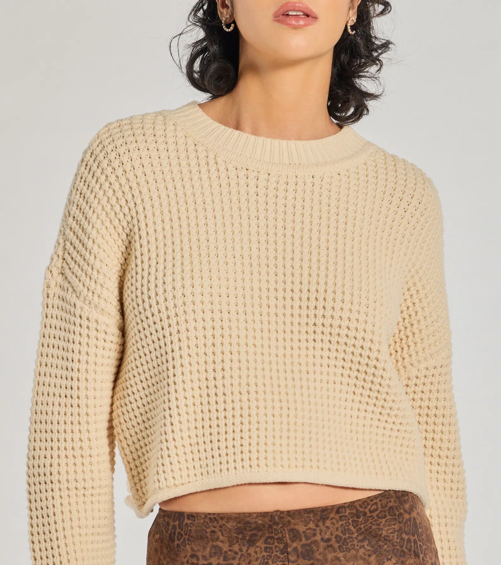 Coziest Style Waffle Knit Crew Neck Sweater