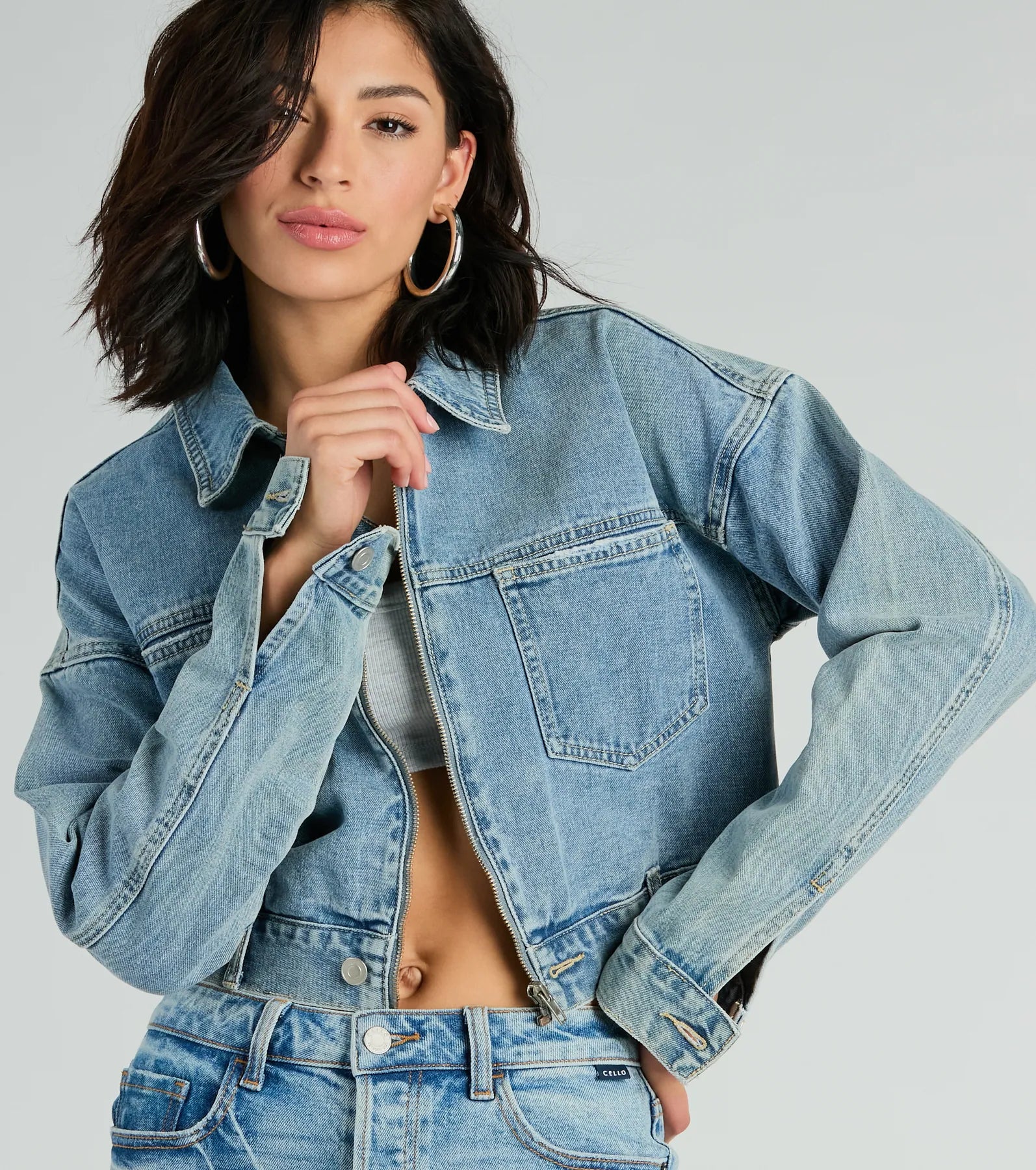 Good Vibes Zip-Up Crop Trucker Denim Jacket