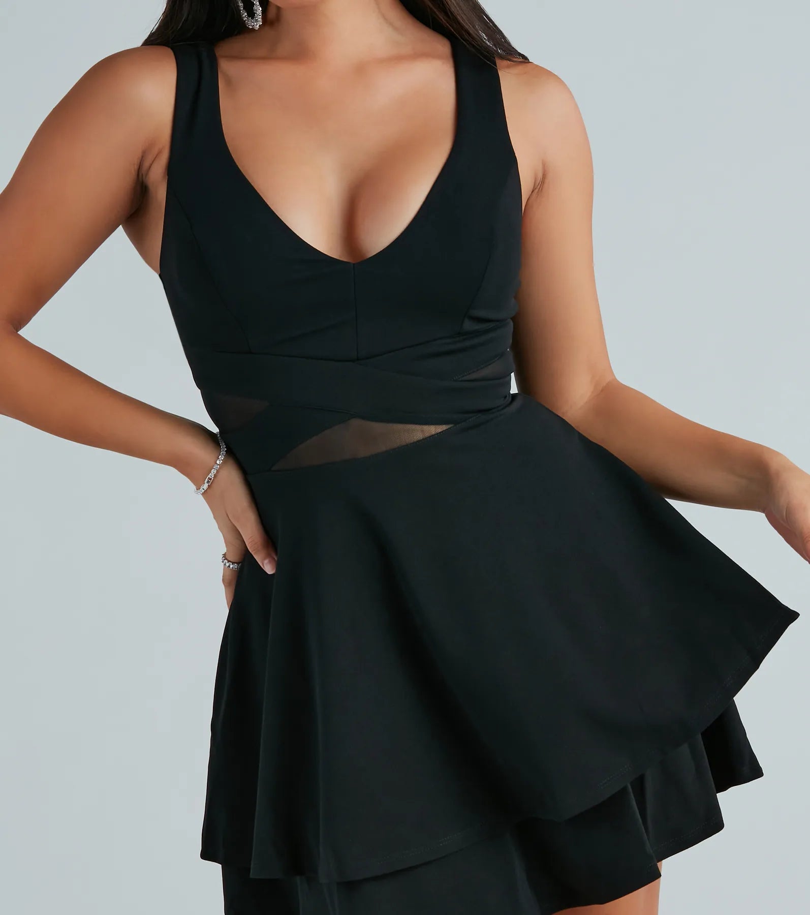 Give Me A Twirl Crepe Mesh Waist Skater Dress