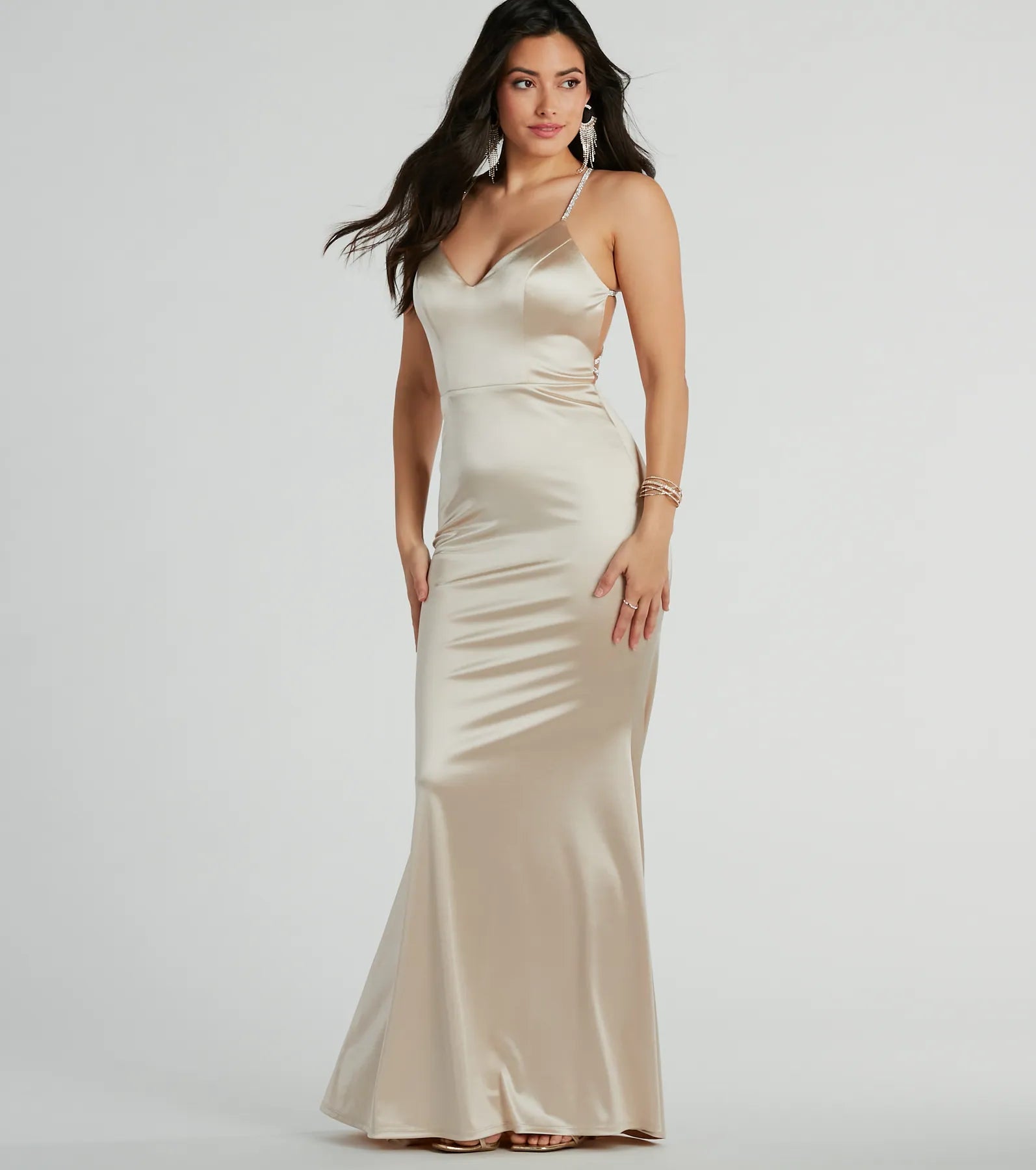 Kaley Rhinestone Strappy Mermaid Satin Dress