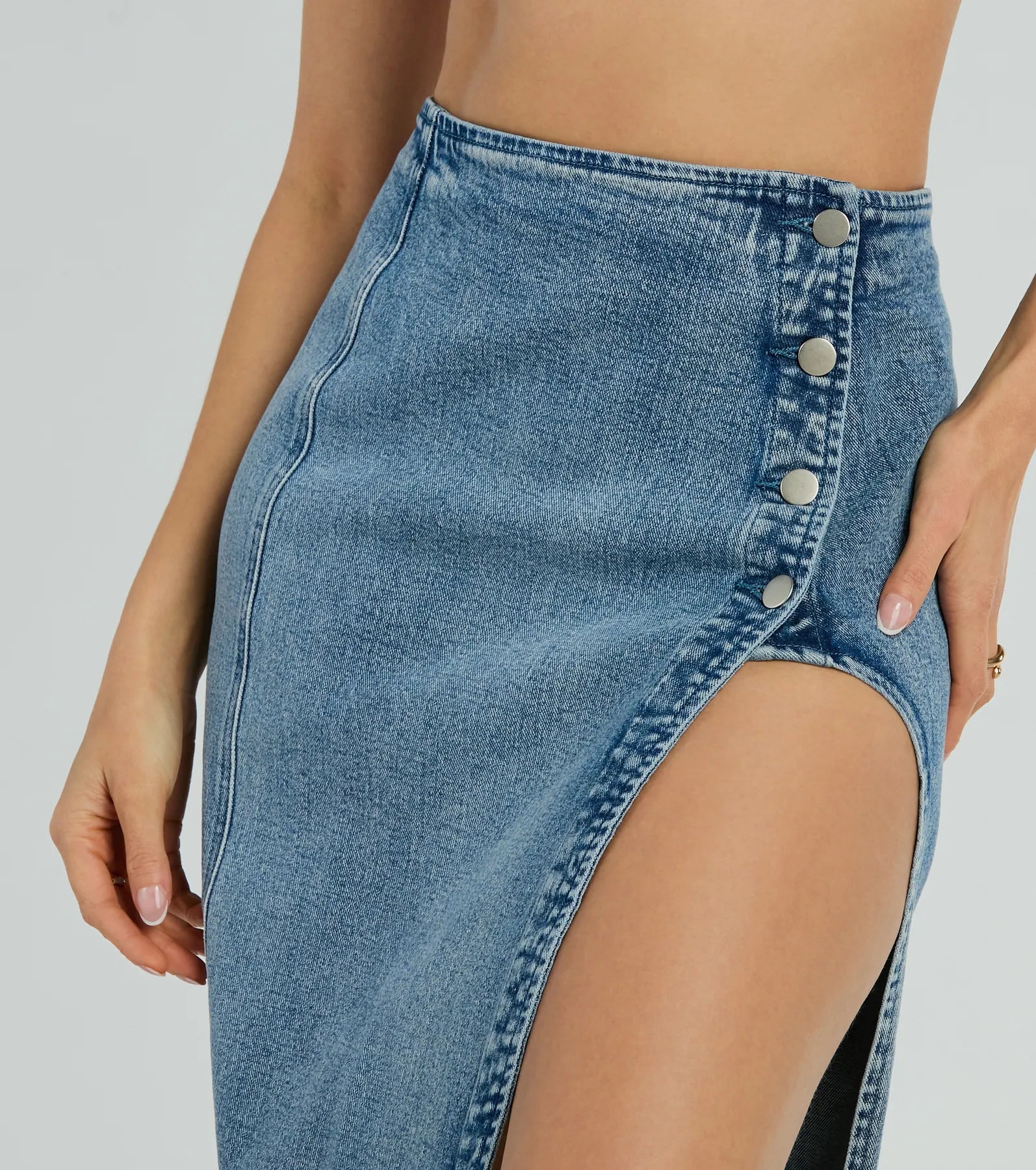 Fab Style Icon High Slit Denim Midi Skirt