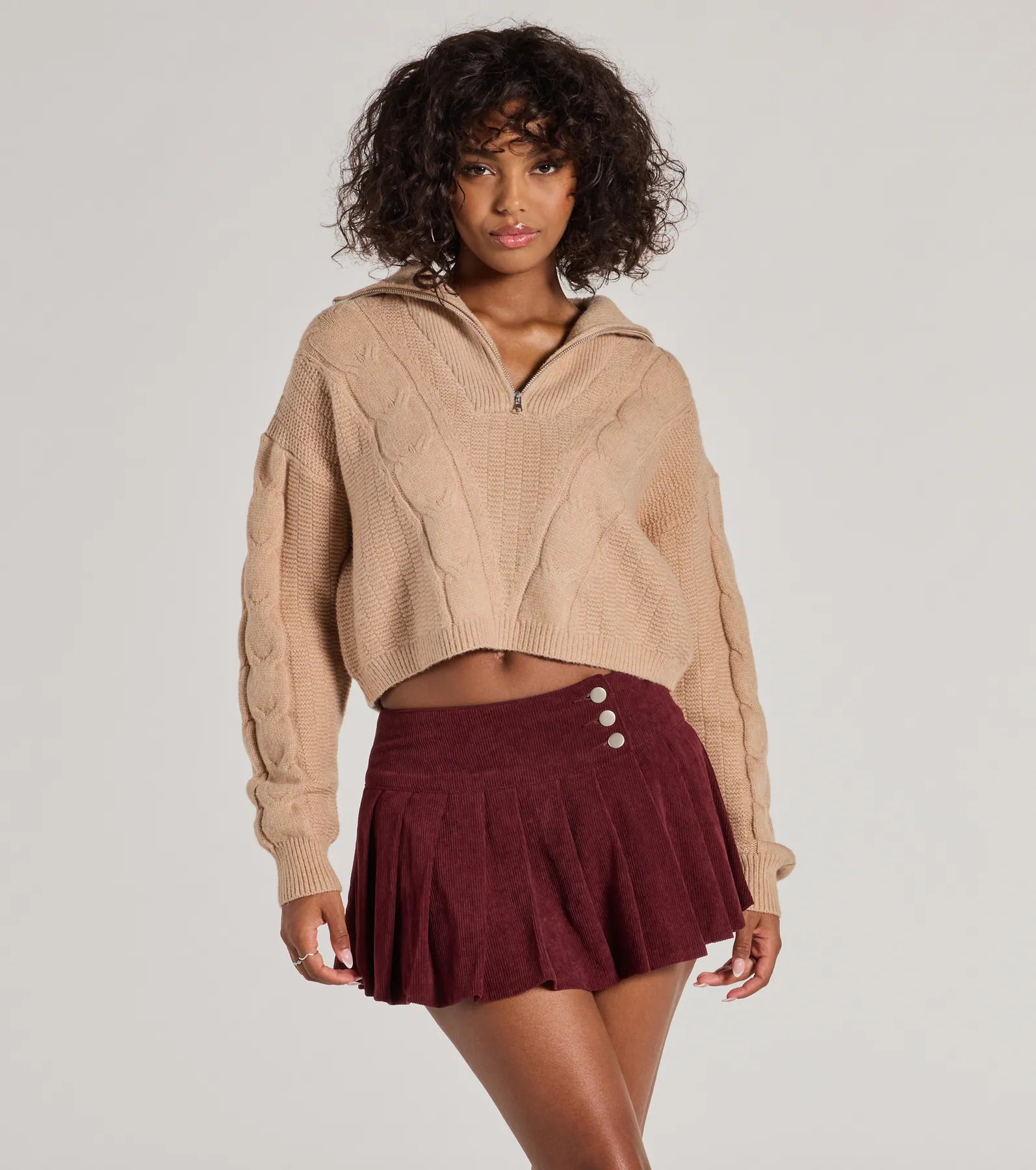 Trendy Status Corduroy Pleated Drop Waist Mini Skort