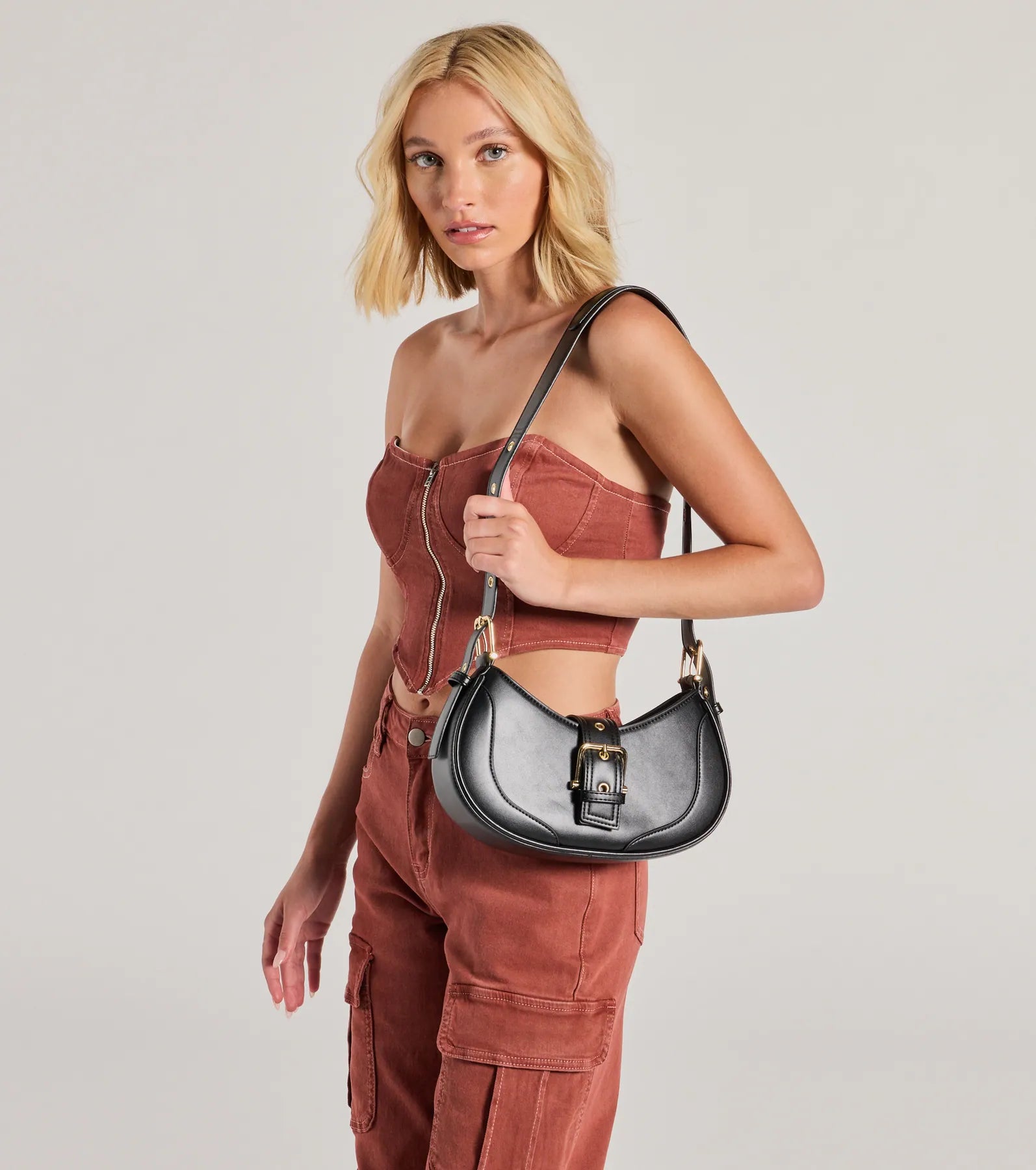 Season Staple Denim Print Faux Leather Shoulder Bag