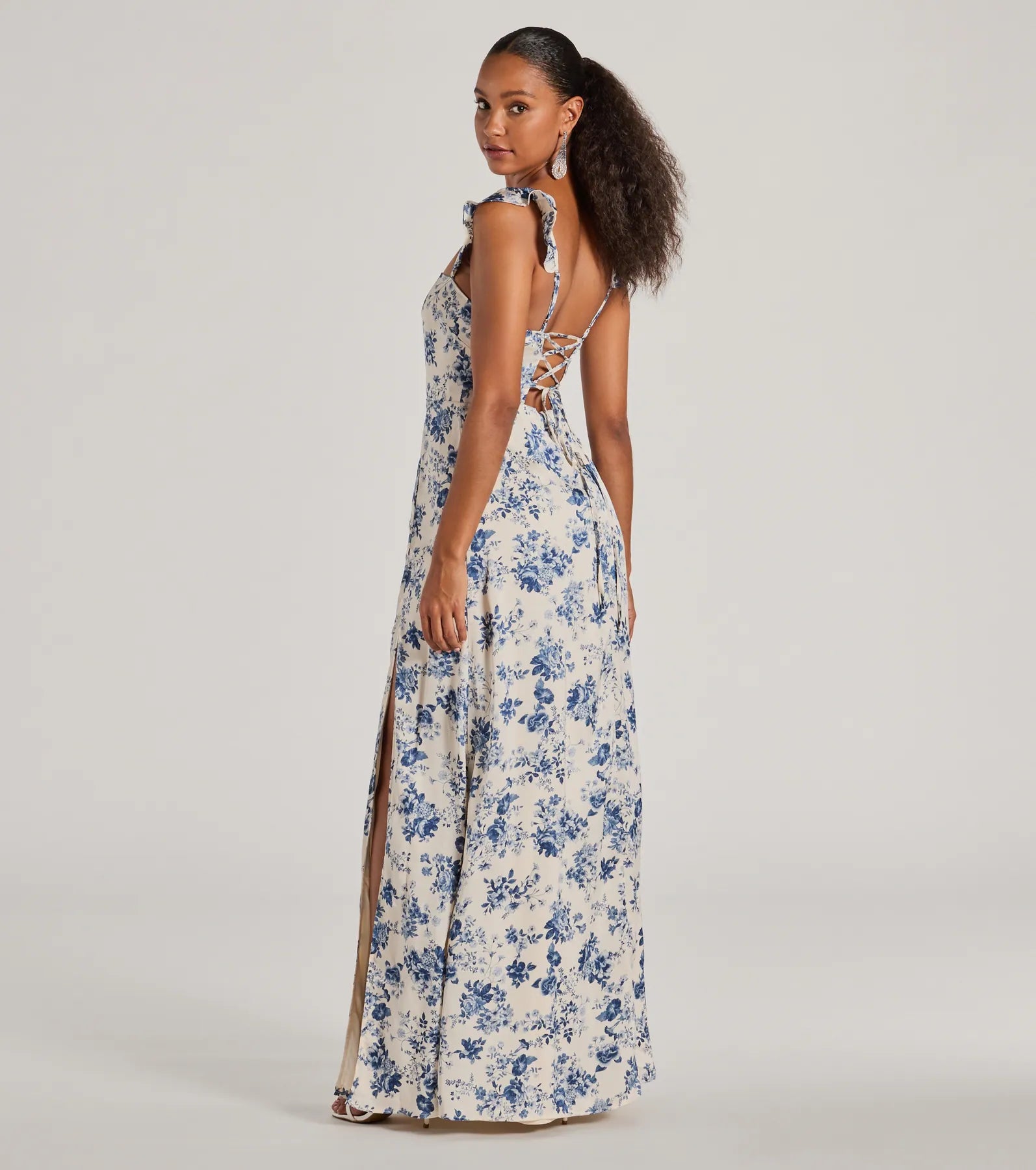 Corrie Lace-Up Floral Satin A-Line Formal Dress