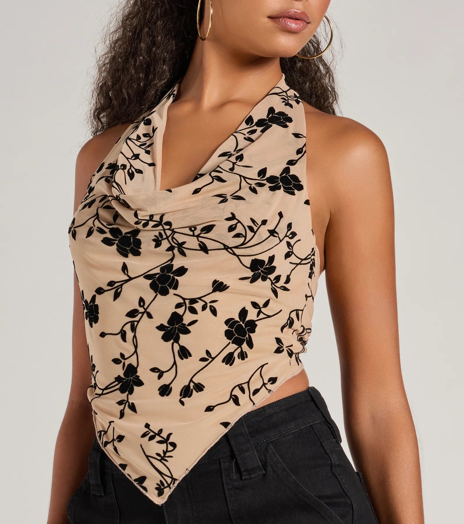 Bold Romance Flocked Floral Print Halter Top