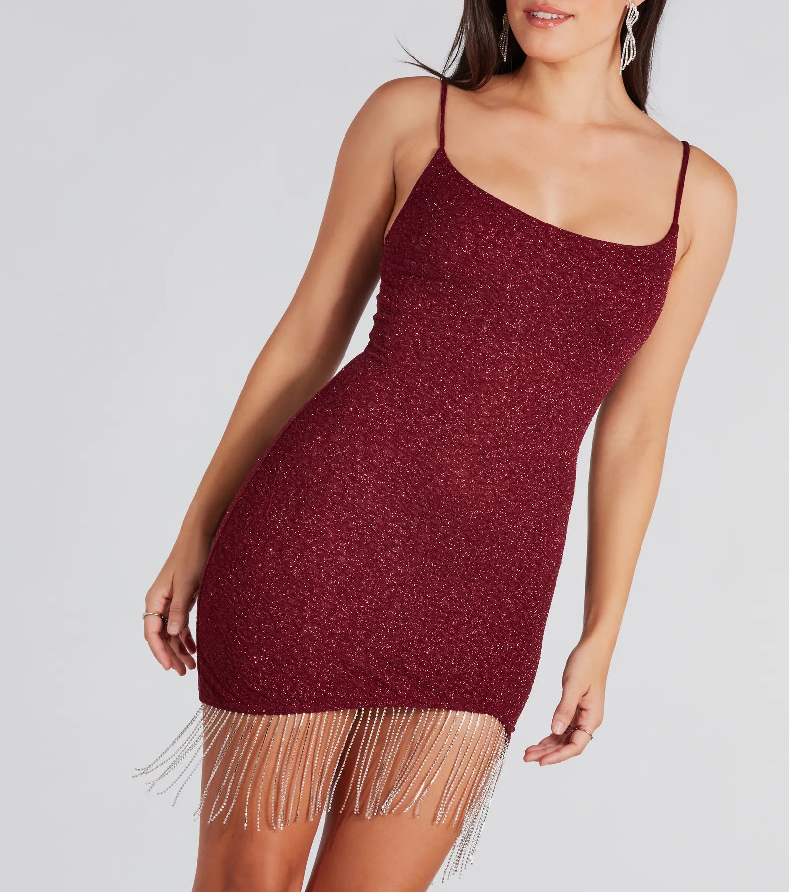 Make You Strut Glitter Rhinestone Fringe Mini Dress