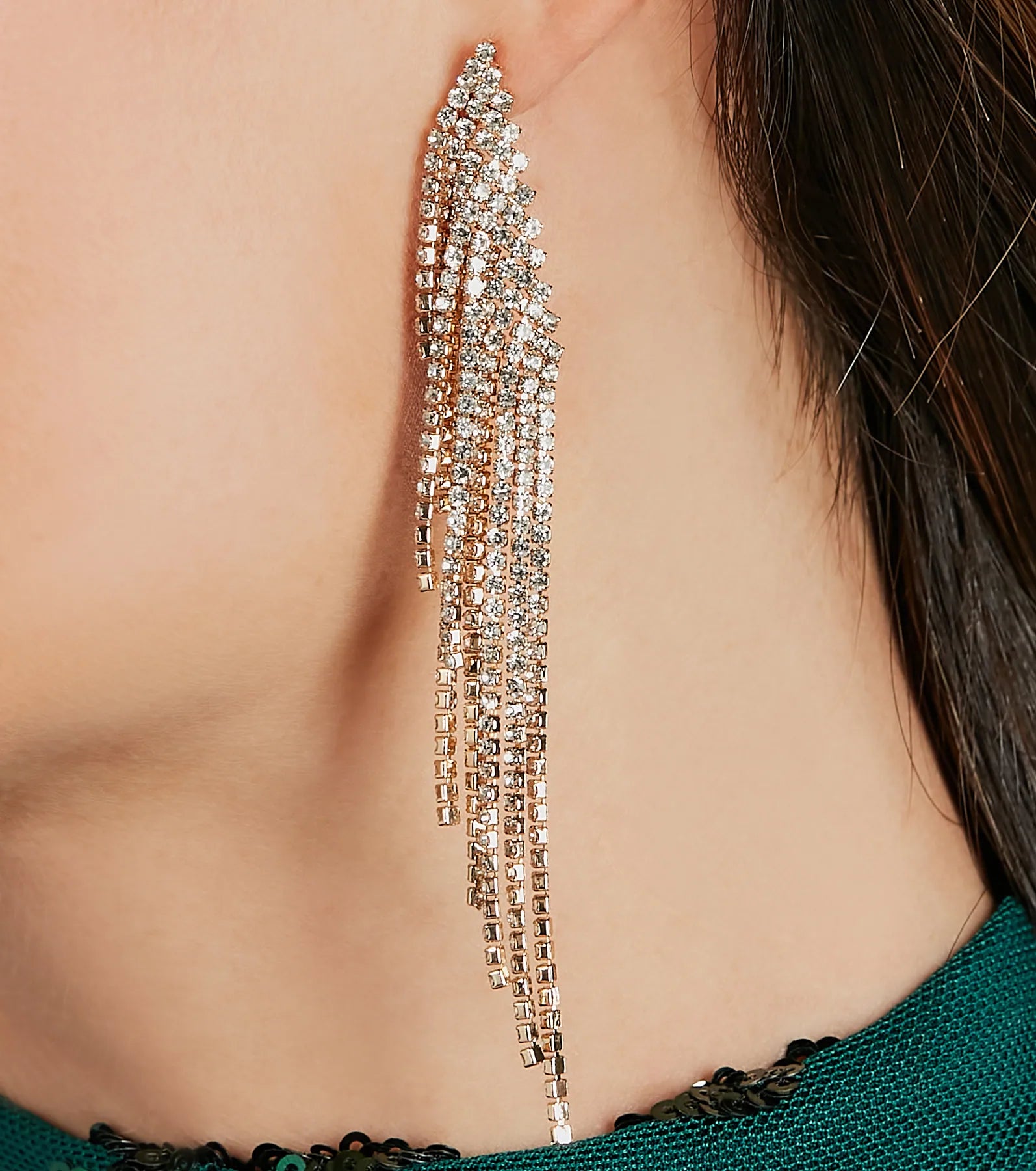 So Glamorous Rhinestone Fringe Earrings