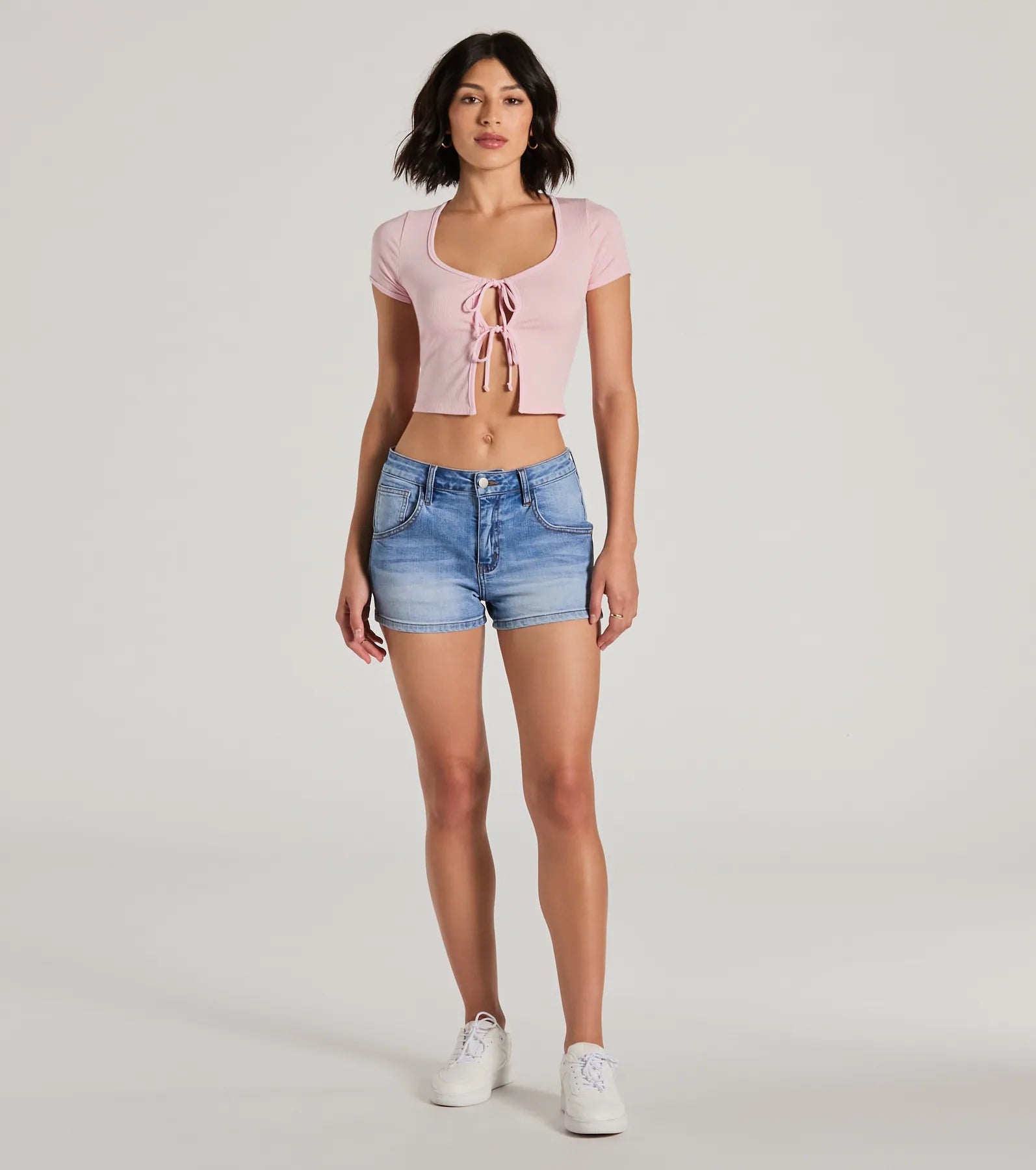 Here To Stay Short Sleeve Tie Front Crop Top