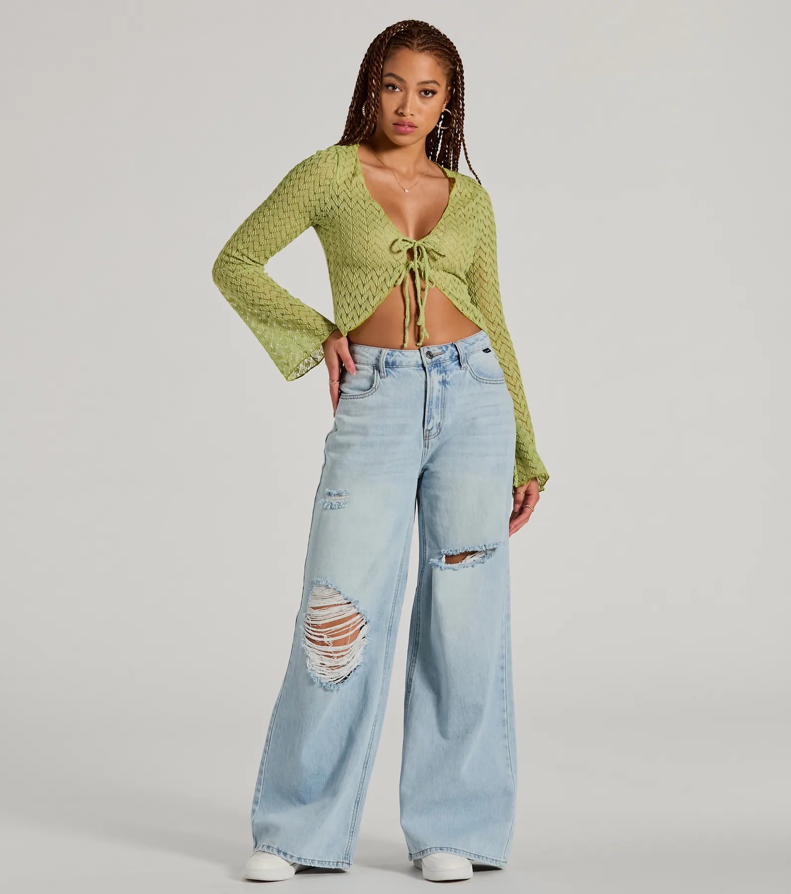 Cabana Honey Tie Front Crochet Crop Sweater