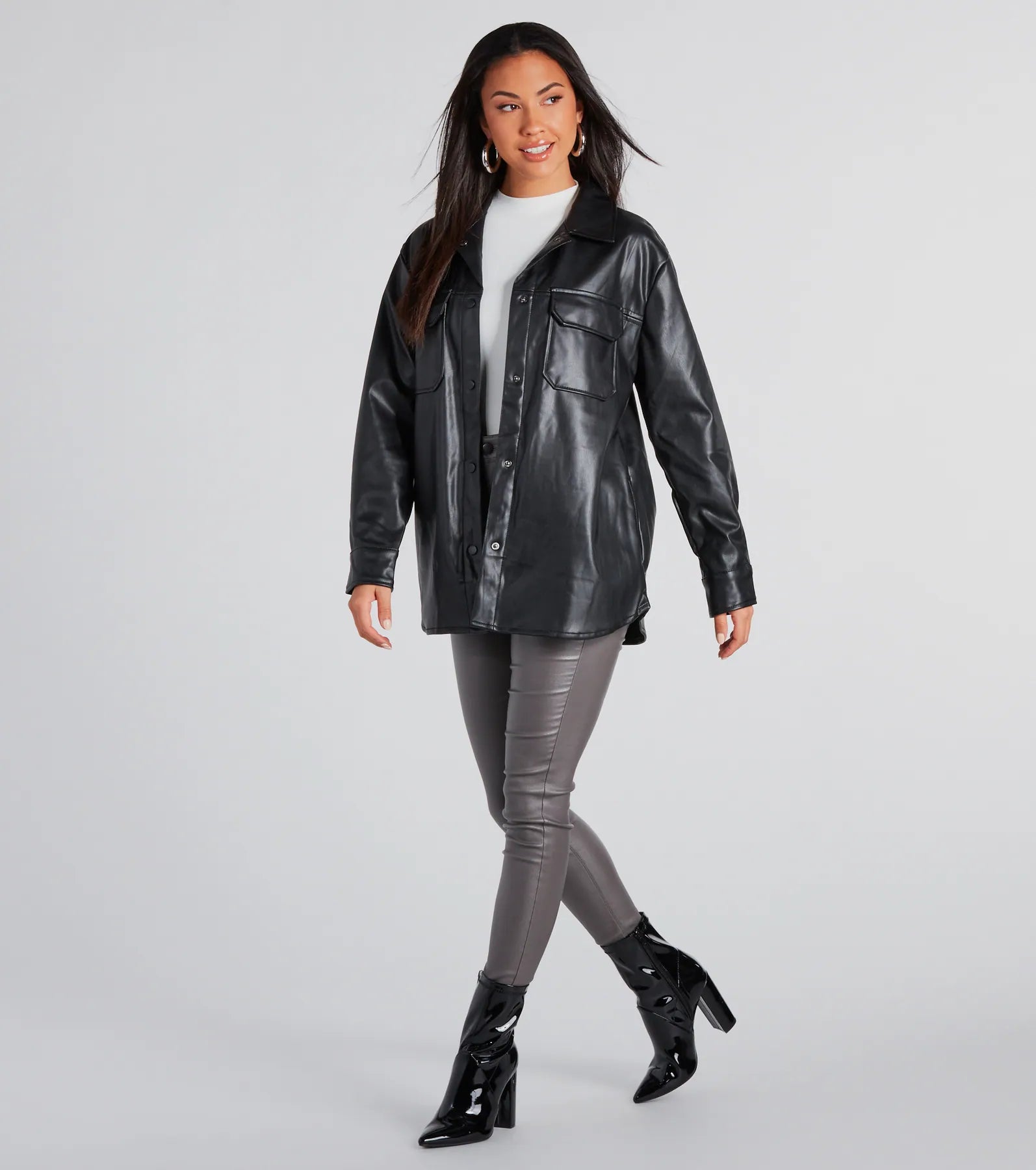 Cool-Girl Moment Long Faux Leather Shacket