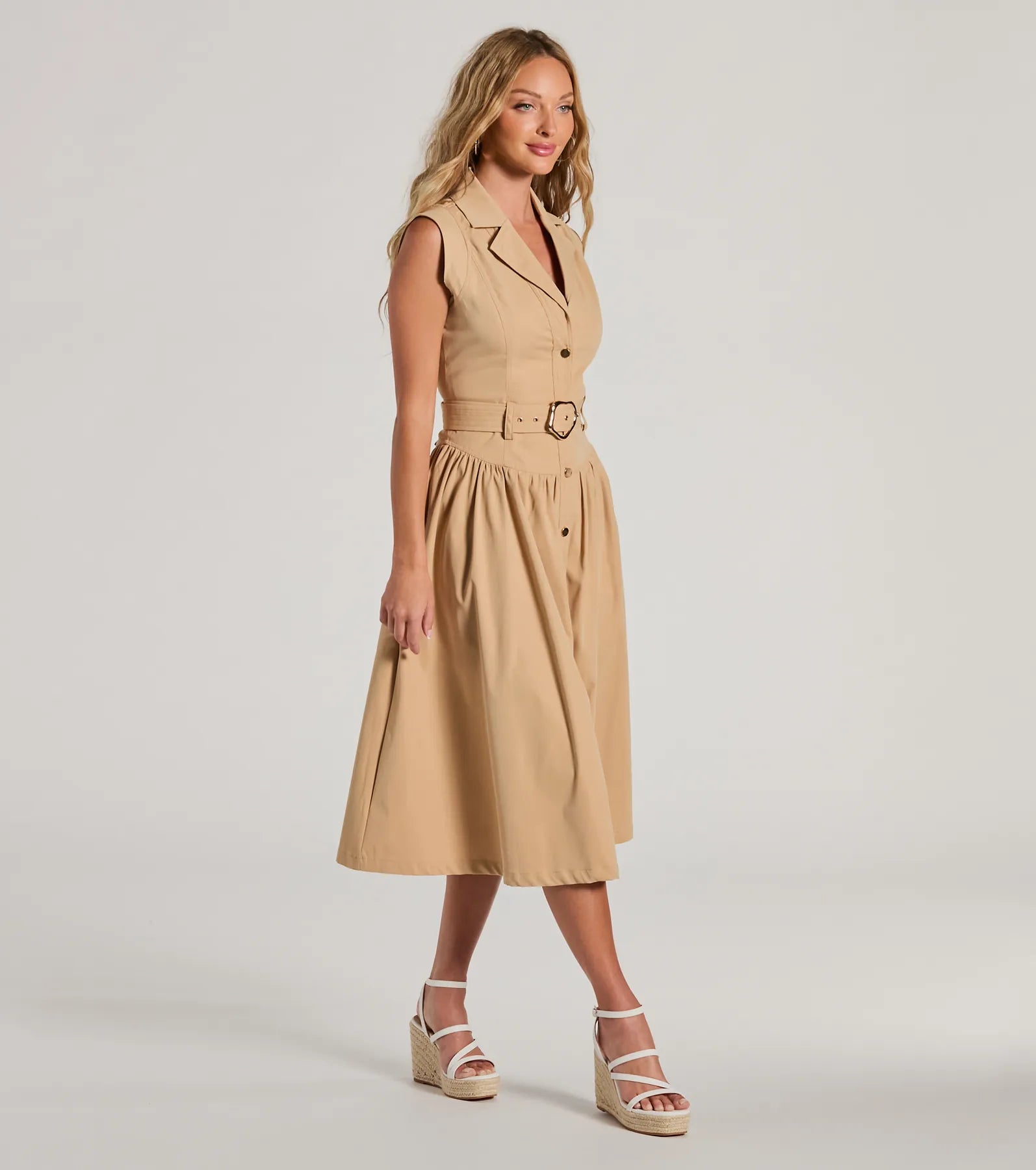 Pleasant Cutie Collared V-Neck Belted Midi Dress