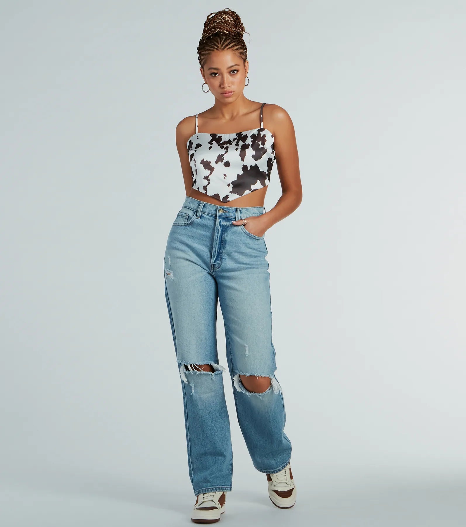 Country Chick Cow Print Satin Crop Top