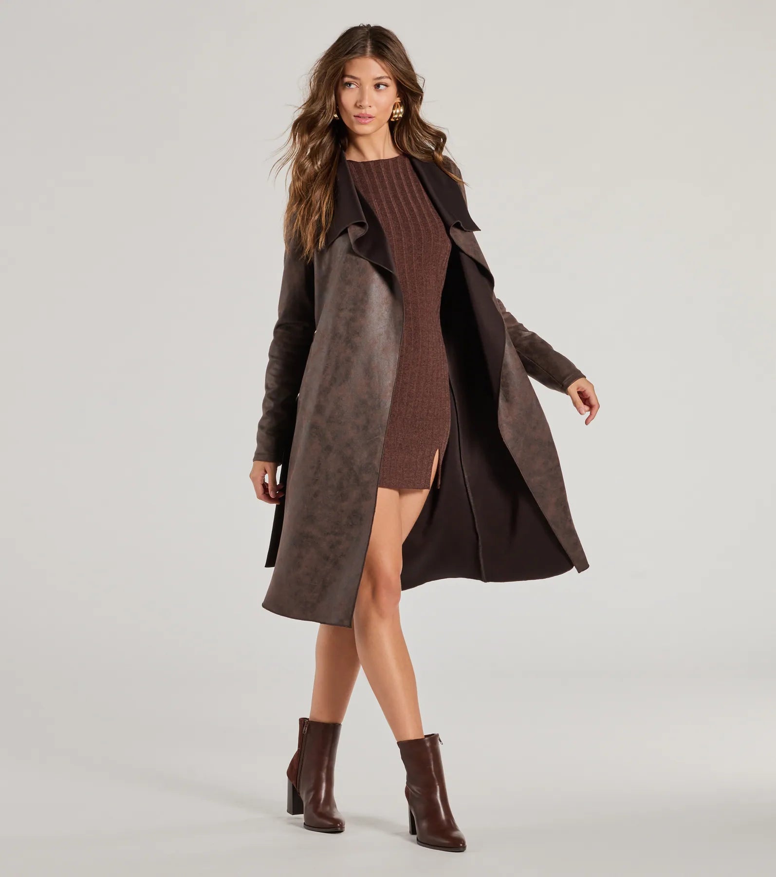 Chic Impression Faux Suede Belted Trench Coat