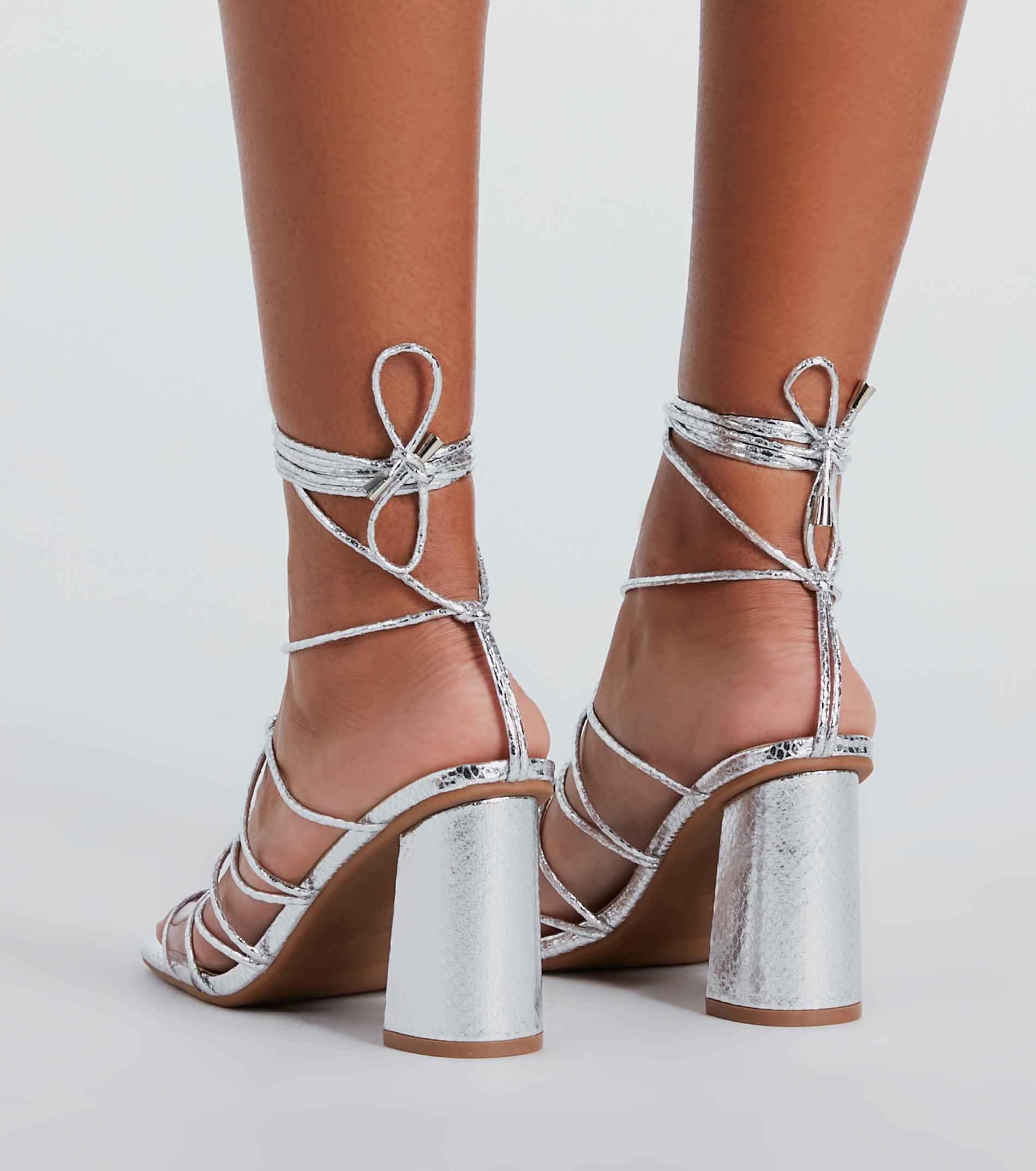 Fashionable Caged Lace-Up Metallic Heels