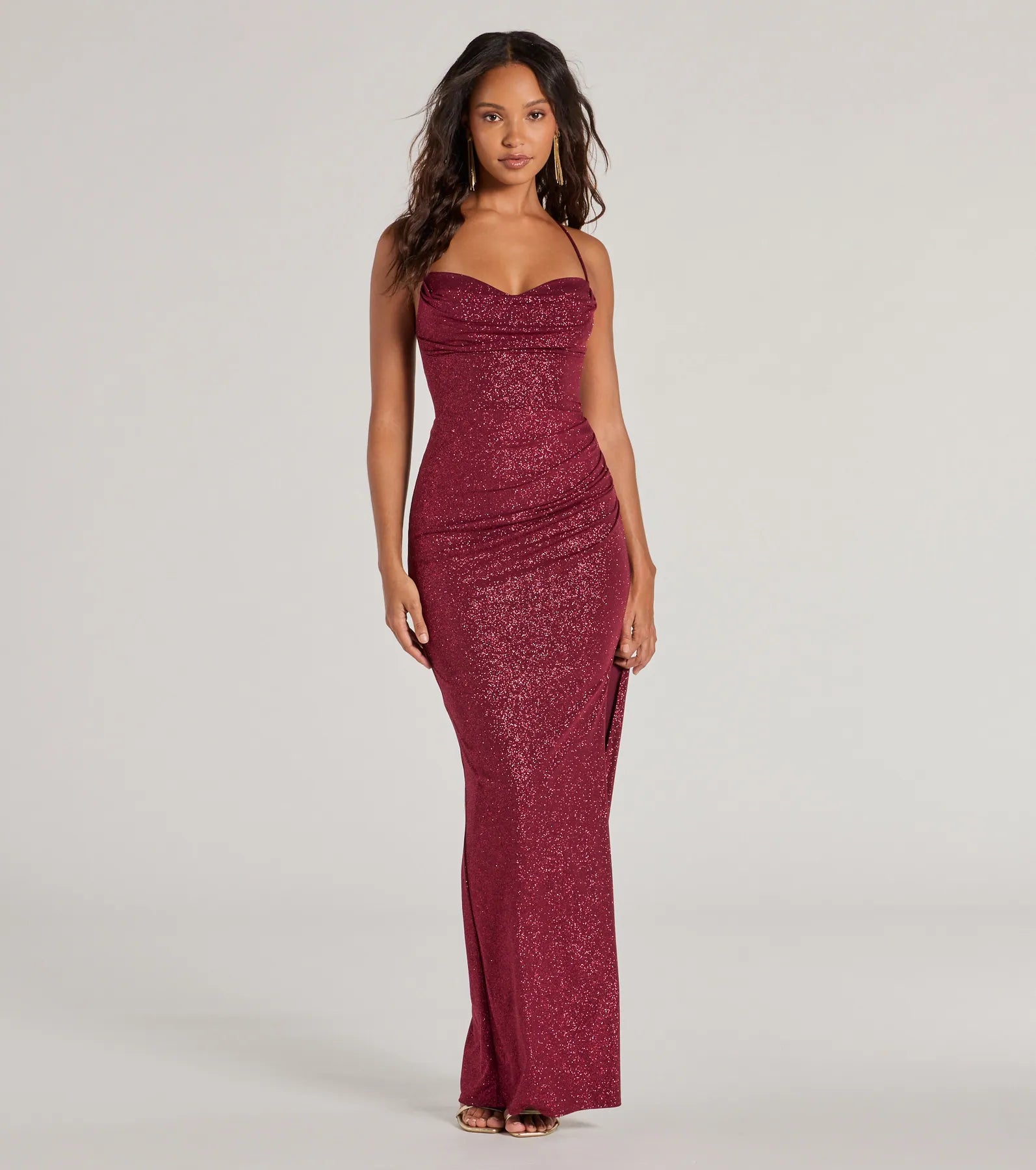 Eleanor Lace-Up Slit Slim Glitter Formal Dress