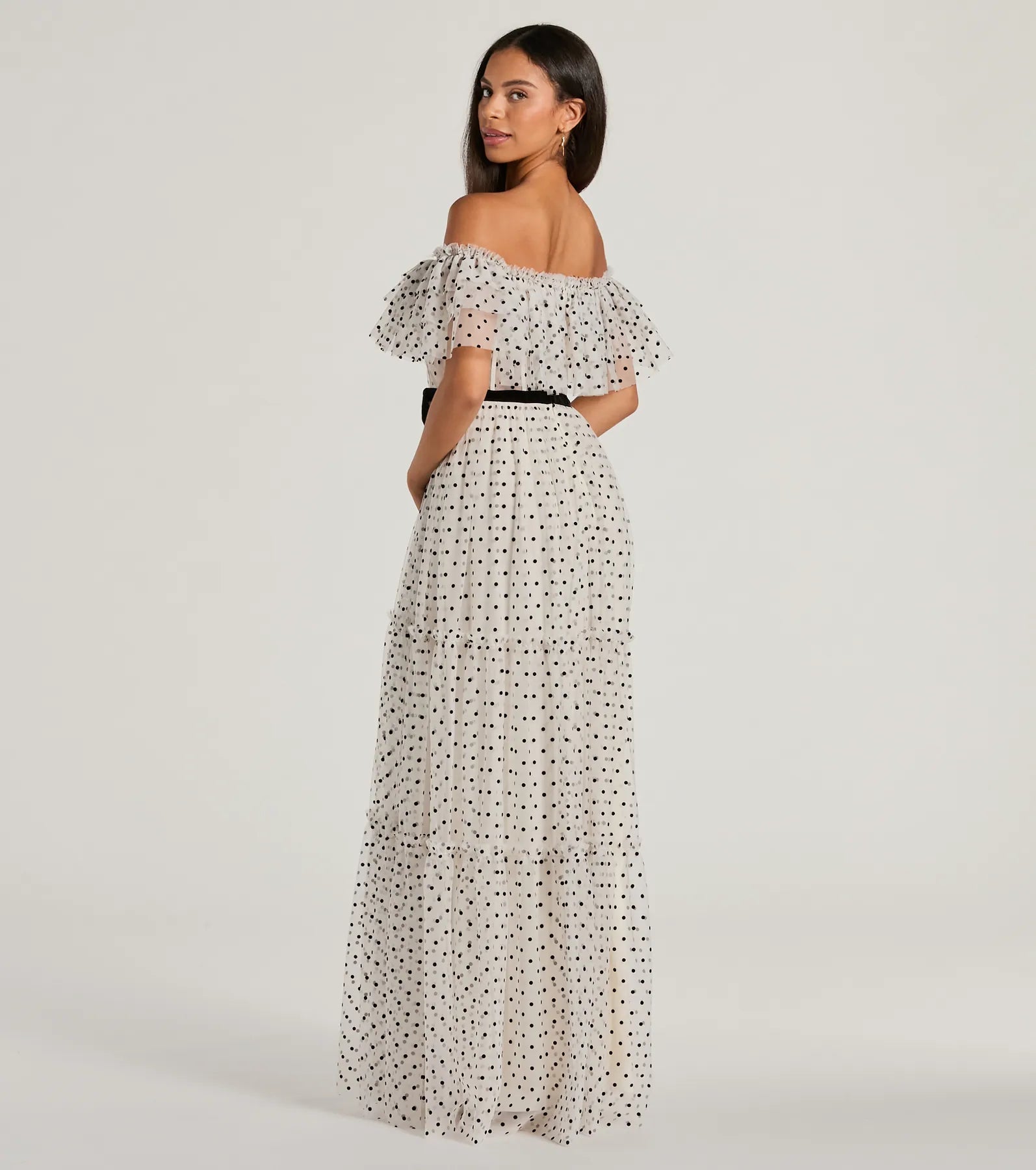 Aria Ruffled Off-The-Shoulder Polka Dot Mesh Formal Dress