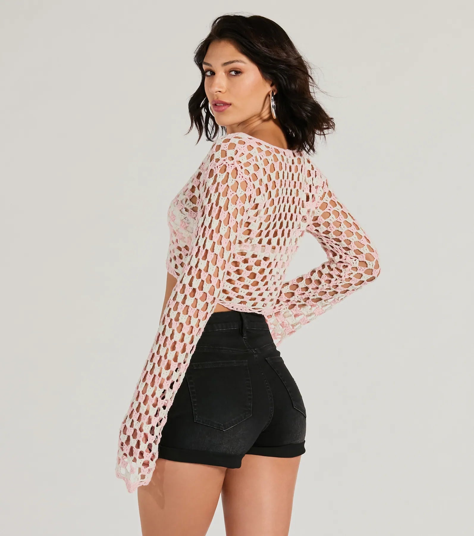 Total Trend Long Sleeve Checker Crochet Sweater