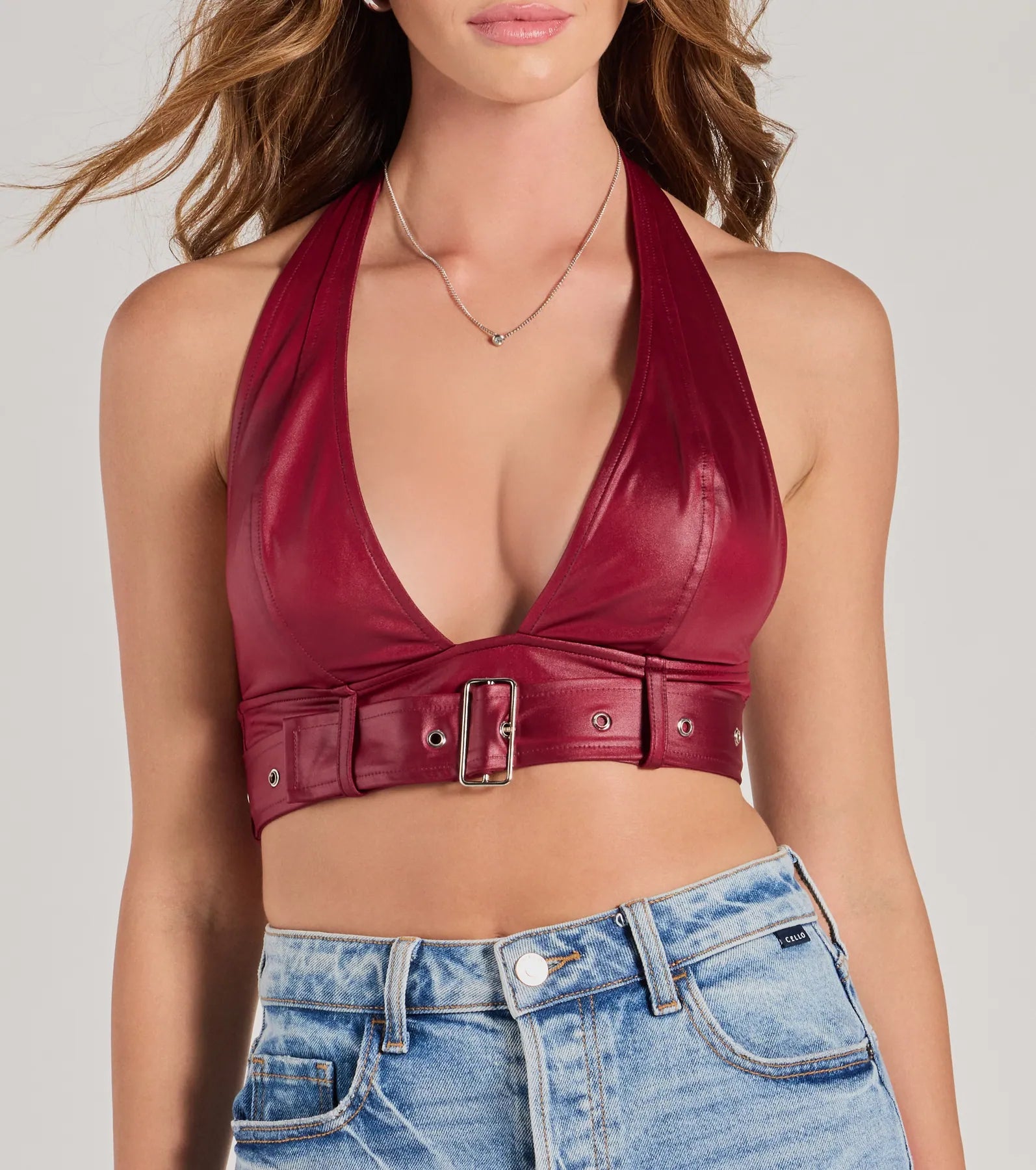 Sultry Vibe Plunge Halter Faux Leather Crop Top