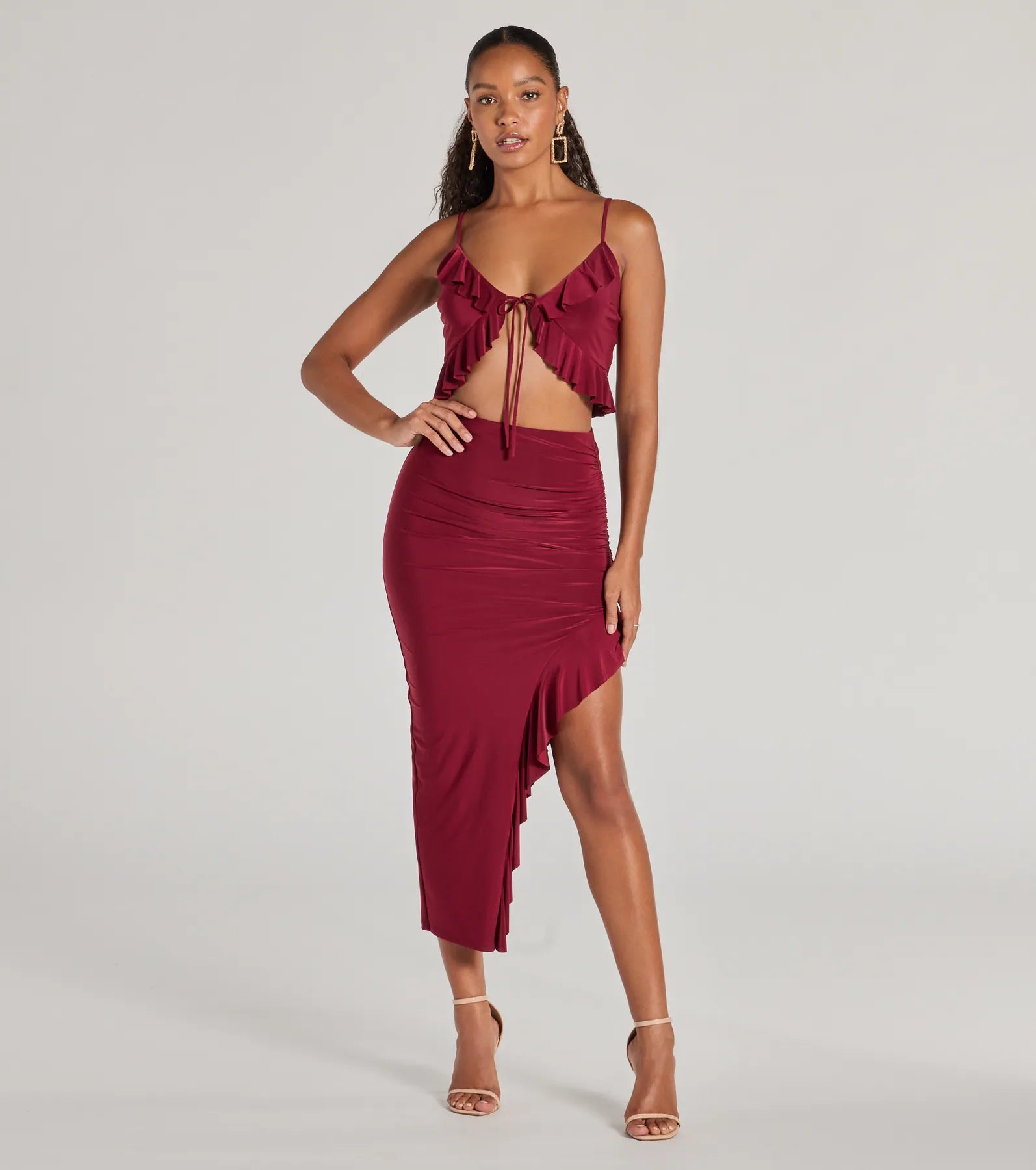 Flirty Moves Ruffled Slit Knit Midi Skirt