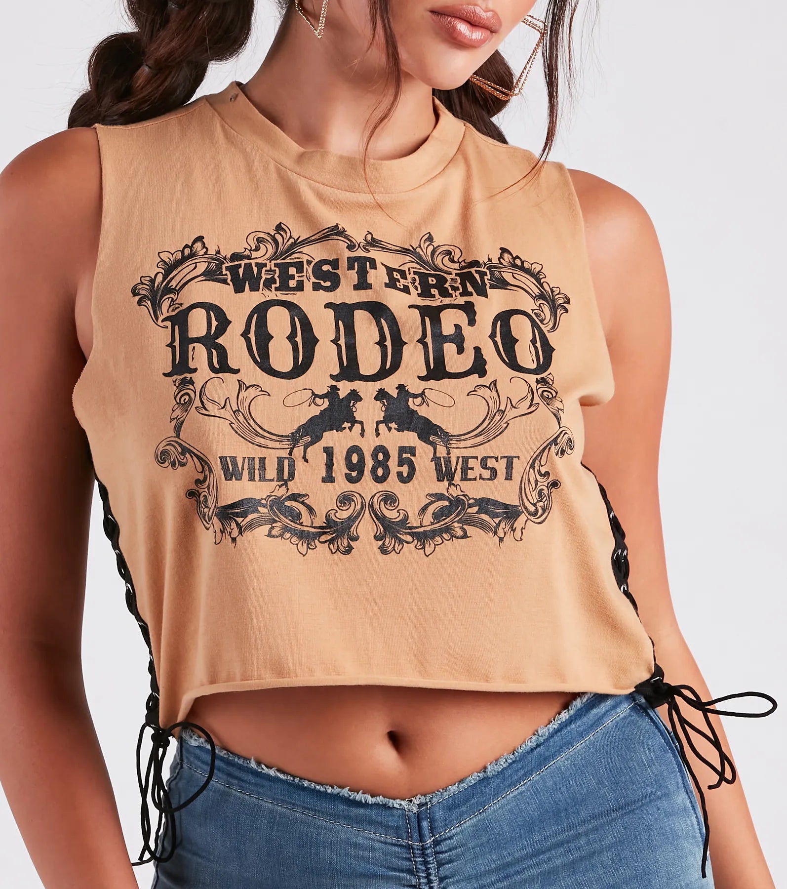 Hit The Rodeo Lace-Up Graphic Tank Top